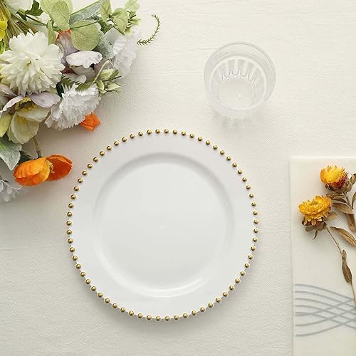 Miniatura 4 de Efavormart - Paquete de 10 platos de plástico con borde de cuentas blanco y dorado de 8 pulgadas platos redondos desechables para fiestas