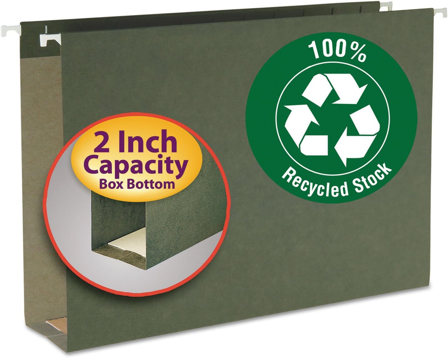 Smead 100% Recycled Box Bottom Hanging File Folder, 2" Expansion, Legal Size, Standard Green, 25 per Box (65095)