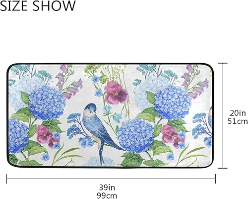 Miniatura 3 de Alfombra de cocina de pájaro con hortensias azules, 39 x 20 pulgadas, antideslizante, lavable, para cocina, fregadero, entrada, alfombra de pasillo