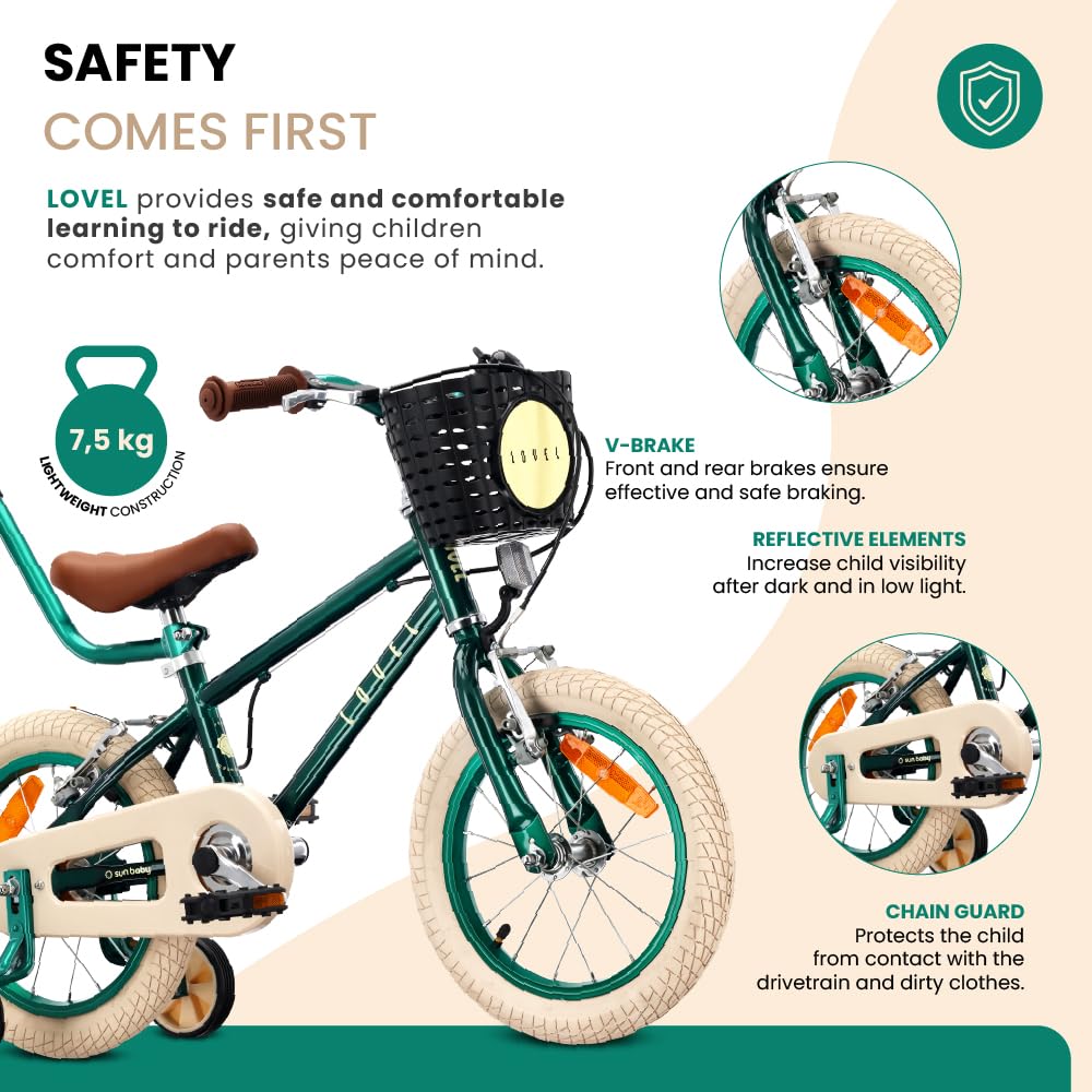 sun baby Lovel Bicicleta niño y niña 14 o 16" | Para 3–6 años, hasta 50 kg, ruedines, cesta, timbre y protector de cadena