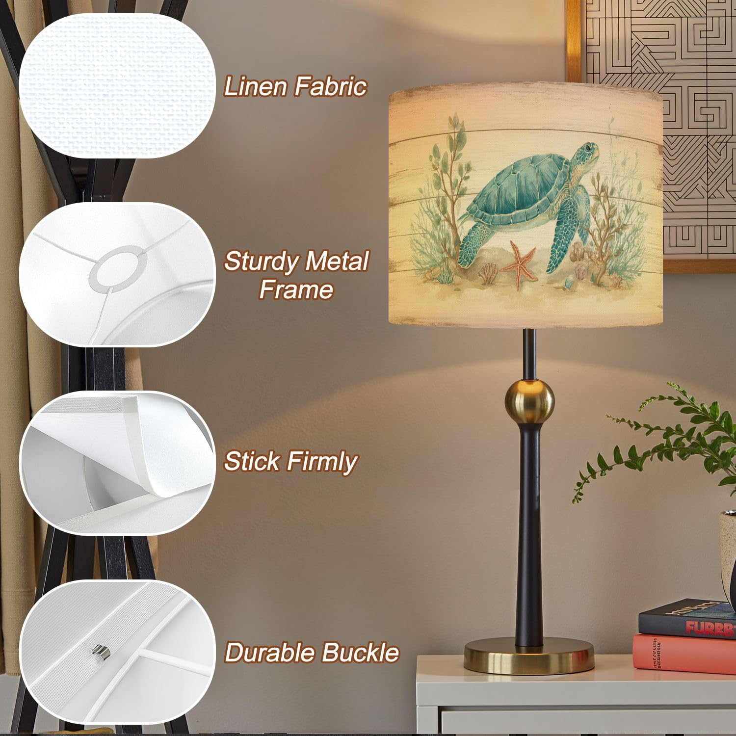 Lampshades Lamp Shades Boho 1 Pack Teal Turtles Coastal Blue Coral Beach Nautical Wood Turtle Light Shade for Table Lamps Floor Lamps Drum Lamp Shades Lampshade Replacement
