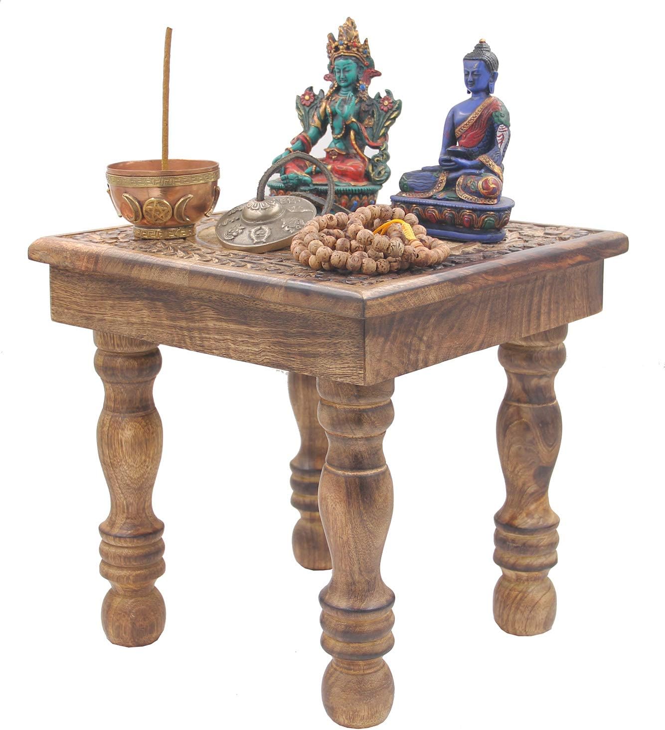 Mesa Ritual DharmaObjects Mesa de meditación de altar de altar de oración tallada a ...