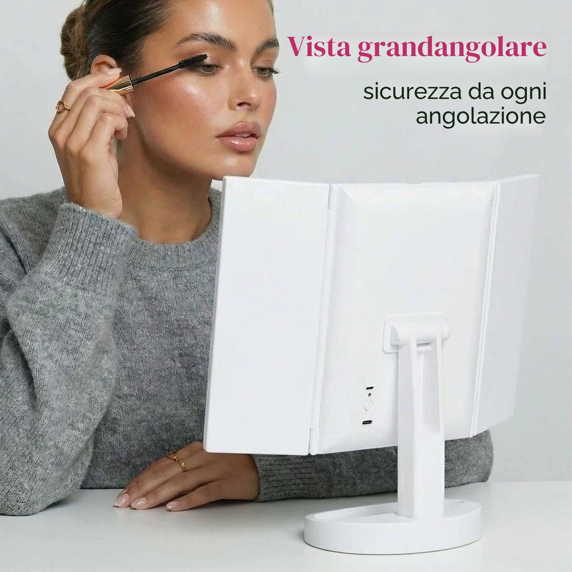 Fancii Specchio per il Trucco con Luci LED, 10x /5x/1x Ingranditore, Ricaricabile - 68 Dimmerabile Luci, Touch Screen, Specchio da Tavolo Regolabile, Supporto Cosmetico, Tria 2
