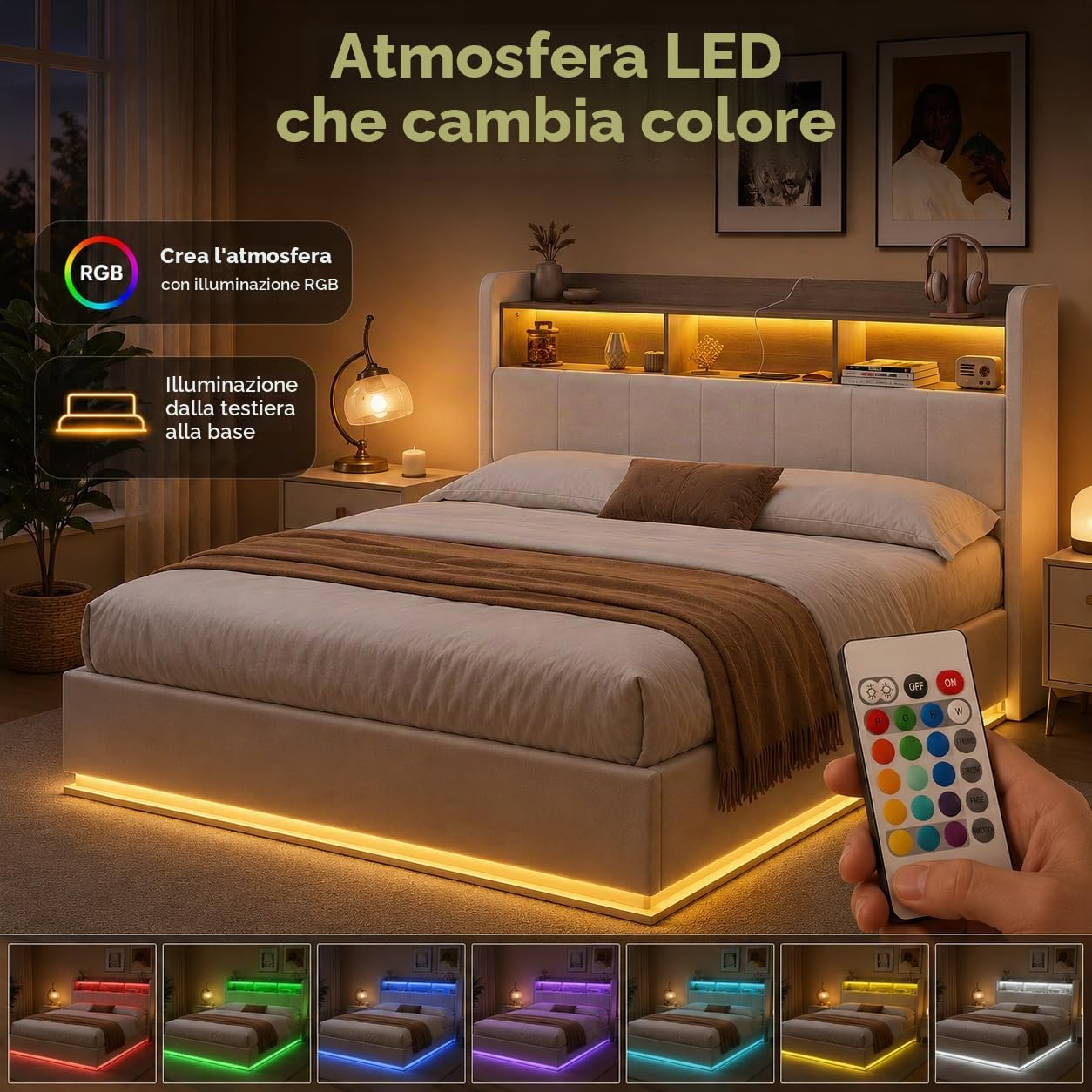 Letto contenitore 160x200 cm con rete a doghe, testiera con illuminazione a LED e porta USB, letto imbottito con contenitore, velluto bianco