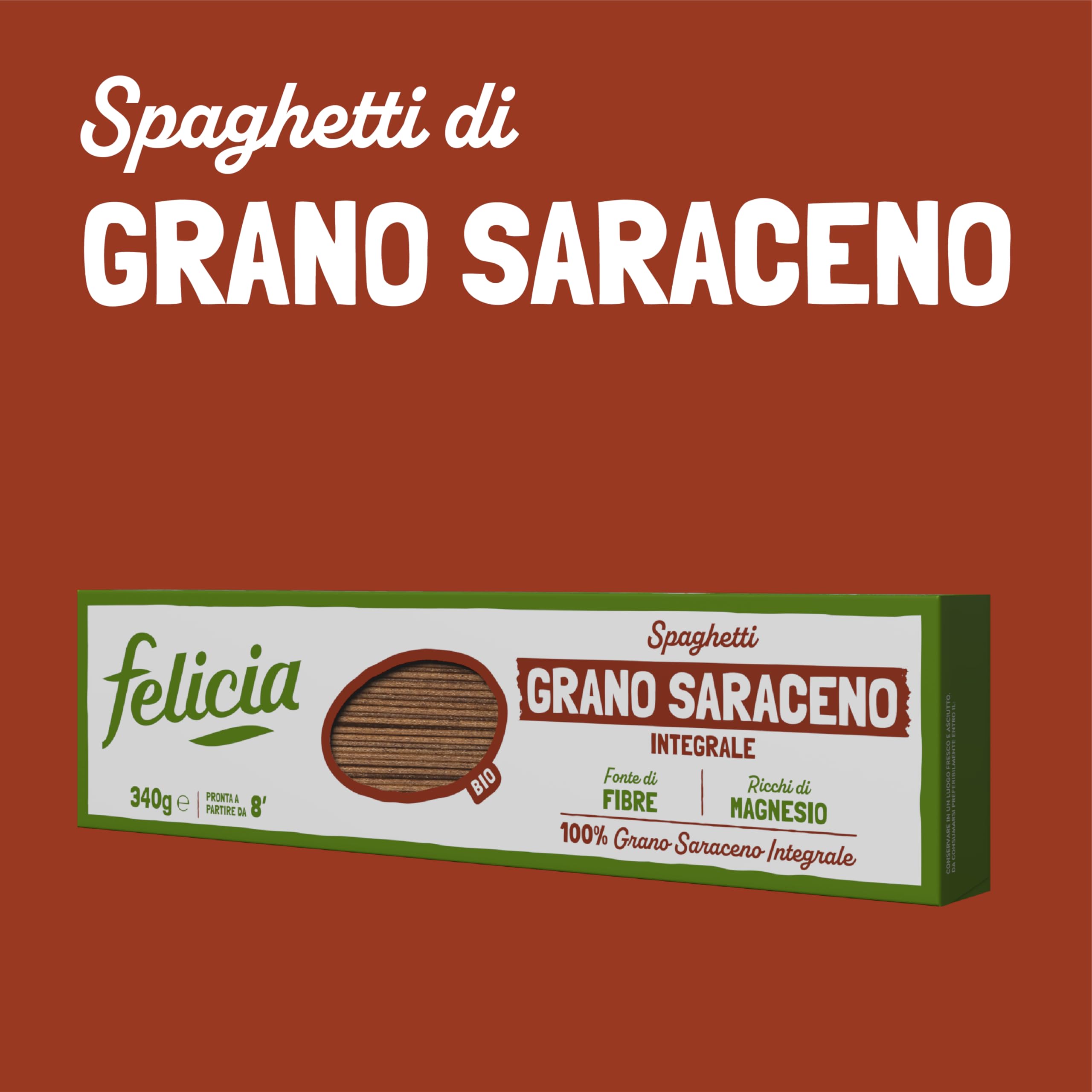 Felicia, Spaghetti di Grano Saraceno Integrale, Ricca di Magnesio, Ricca di Manganese, Fornte di Fibre, Senza Glutine, Bio, Vegan, Gusto Deciso, Box da 12 Confezioni