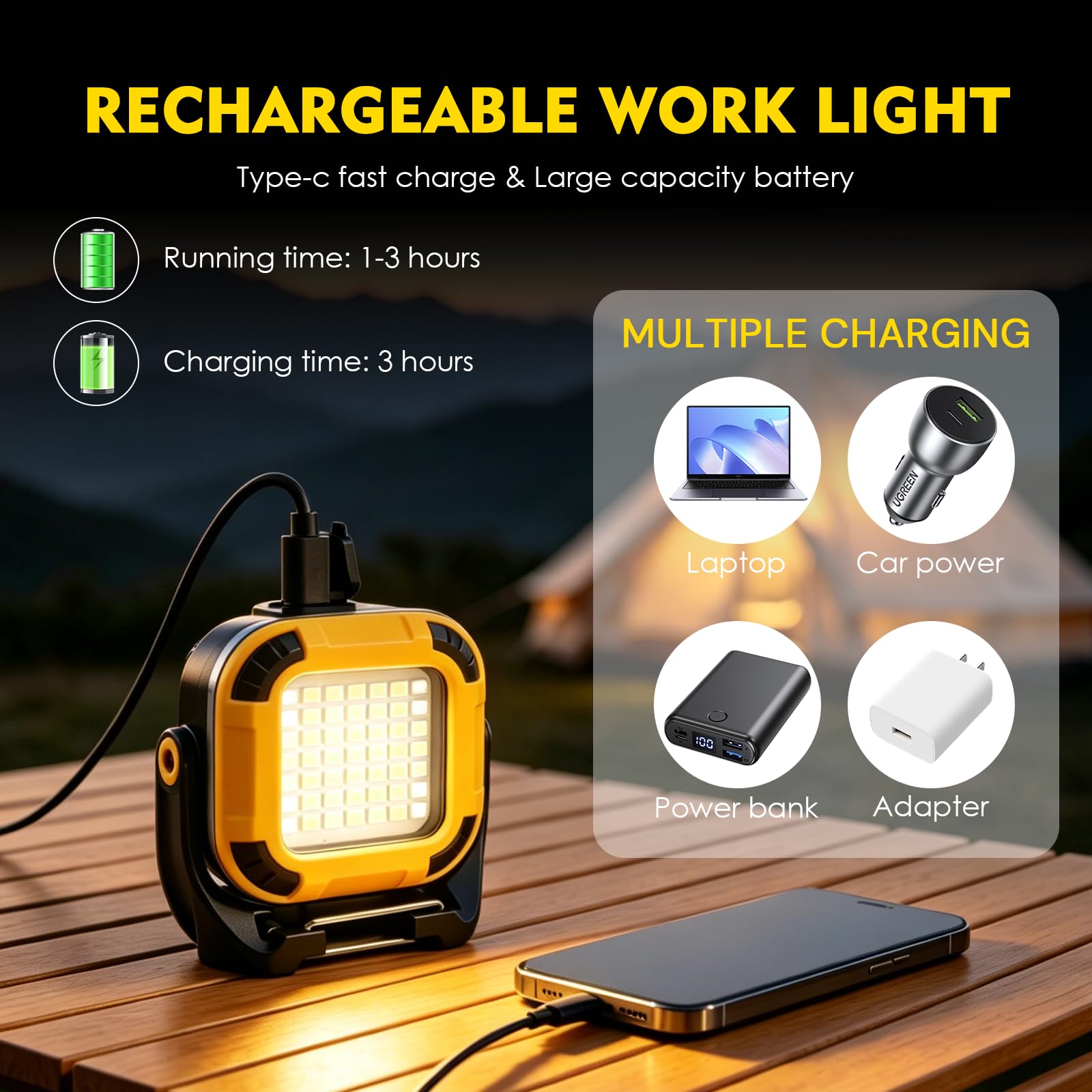 Linterna LED Recargable, Portatil Linterna Taller Mecánico, 16 Modos de Luz, Base Magnética con Gancho, Impermeable Luz de Trabajo LED para Reparación de Automóviles, Uso en Taller, Camping - 2 Piezas