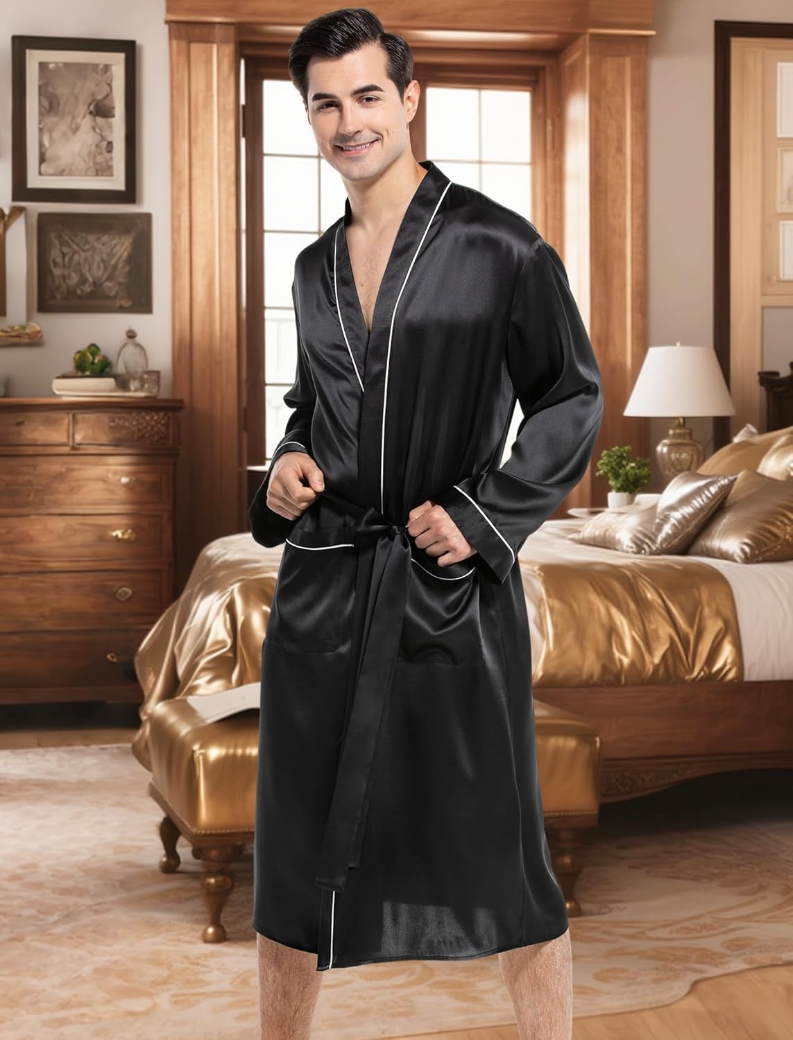 COLD POSH 19MM Mulberry Silk Robe Men Lightweight Kimono Long Bathrobe for Mens Summer Pajamas Set - Image 3