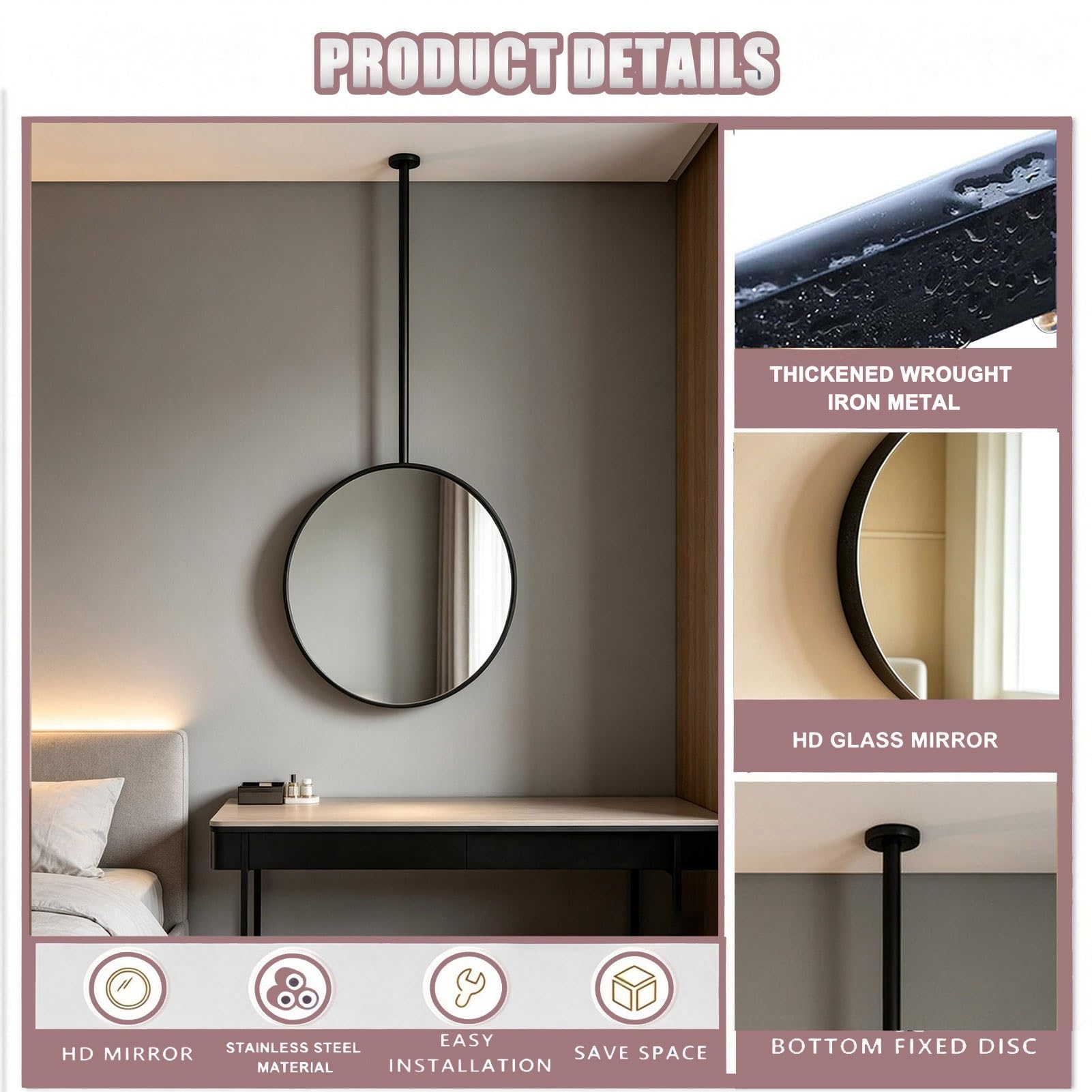 Specchi da bagno sospesi decorativi da parete, specchio per trucco cosmetico montato a soffitto, specchio sospeso con cornice in metallo circolare bianco, rotondo/nero(Nero,Diameter-50CM/19.7INCH)