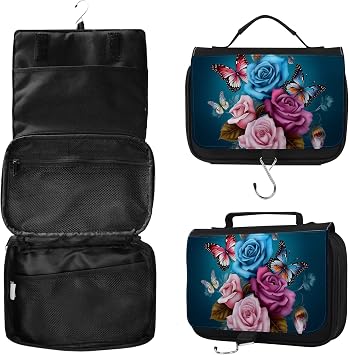 Hanging Toiletry Bag for Women, Large Travel Toiletry Organizer with Hook, Waterproof Cute Makeup Pouch with Compartments, Foldable Cosmetic Bag for Bathroom, Suitcase, Trip, Blue Rose Butterfly
