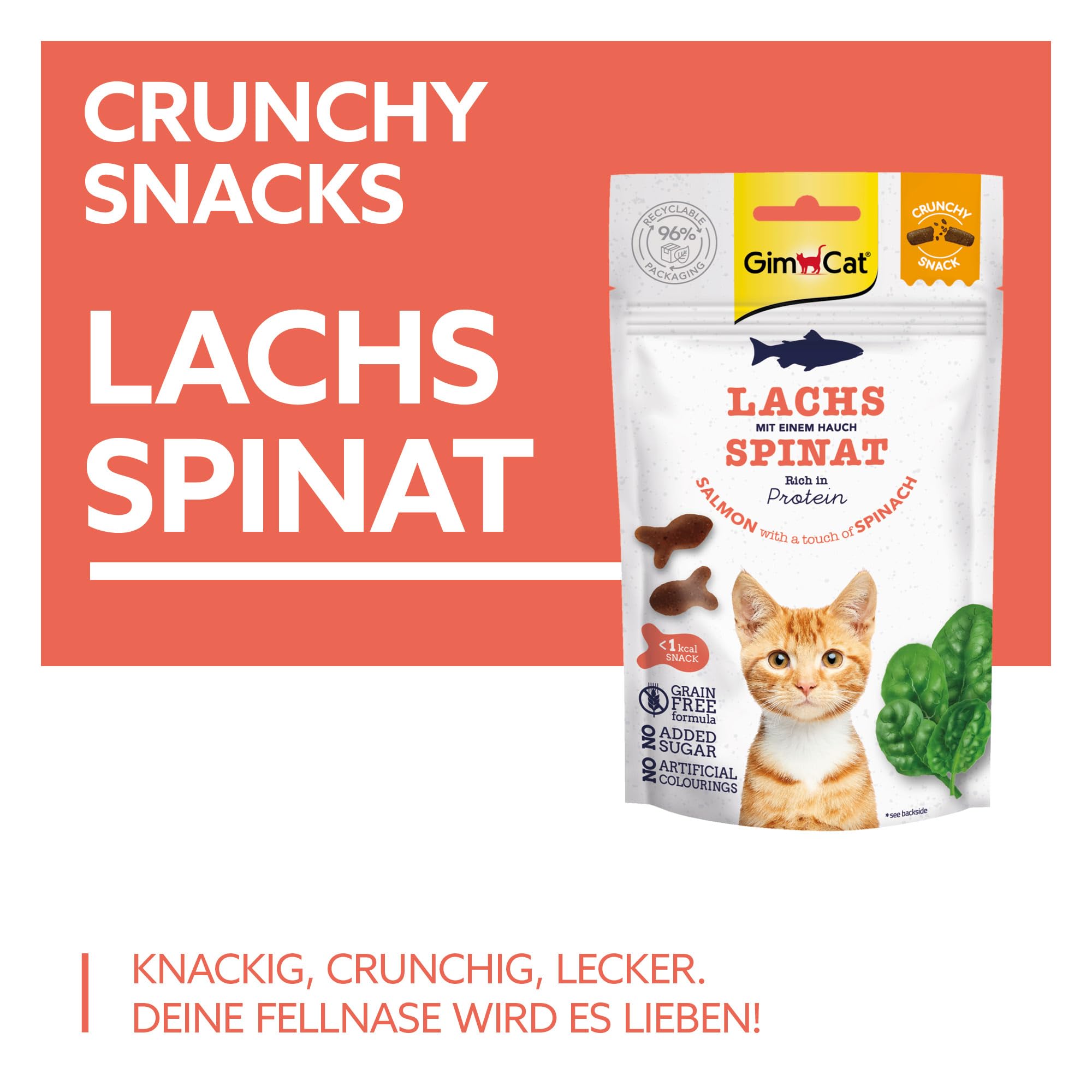 GimCat Crunchy Snacks łosoś i szpinak – chrupiące i bogate w białko przysmaki dla kotów – 1 worek (1 x 50 g)
