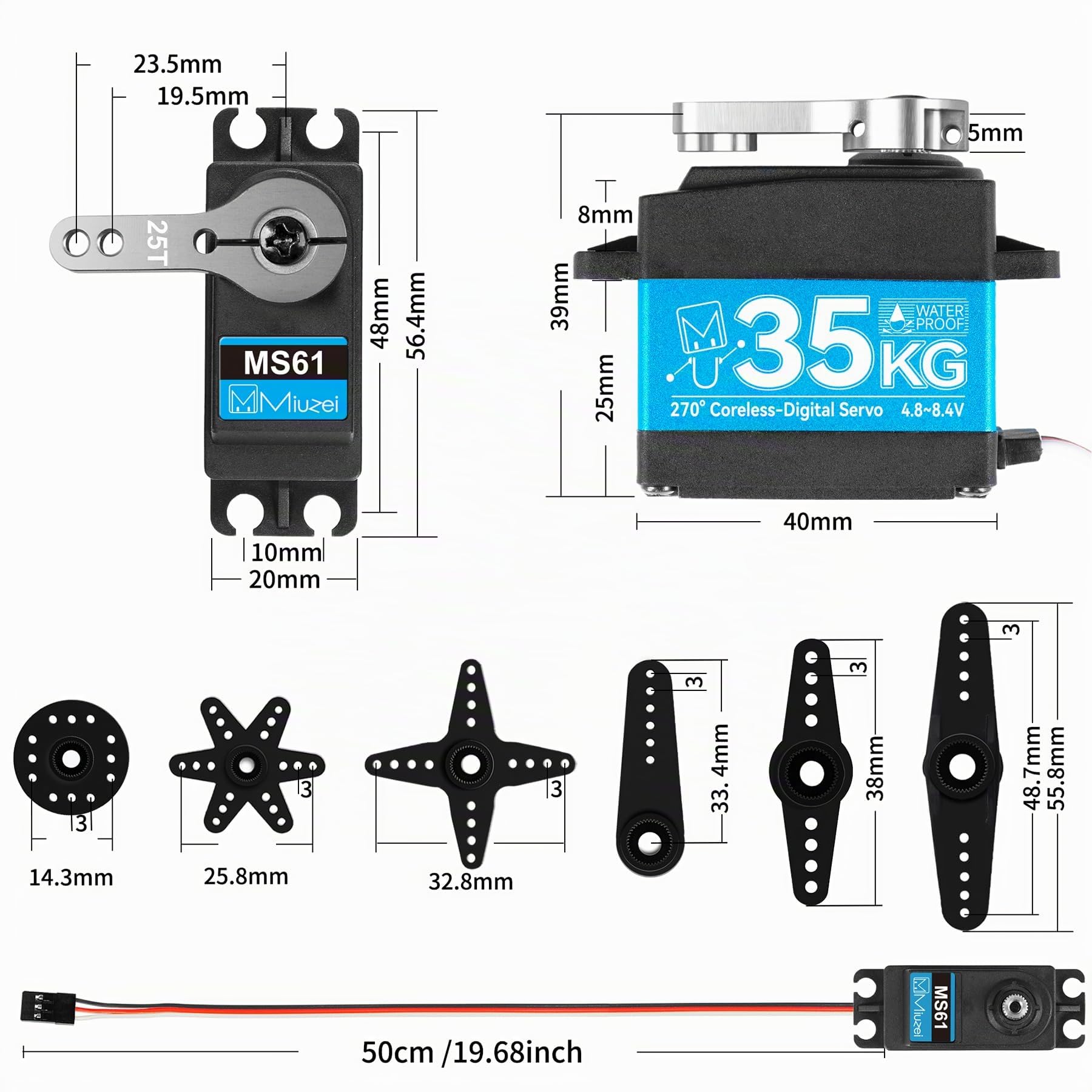 Miuzei Servo RC 35 kg 270° Digital Servomoteur Boîte de Vitesses en Métal Étanche 8,4 V pour Voiture 1/10 1/8 Robot Bras Avion