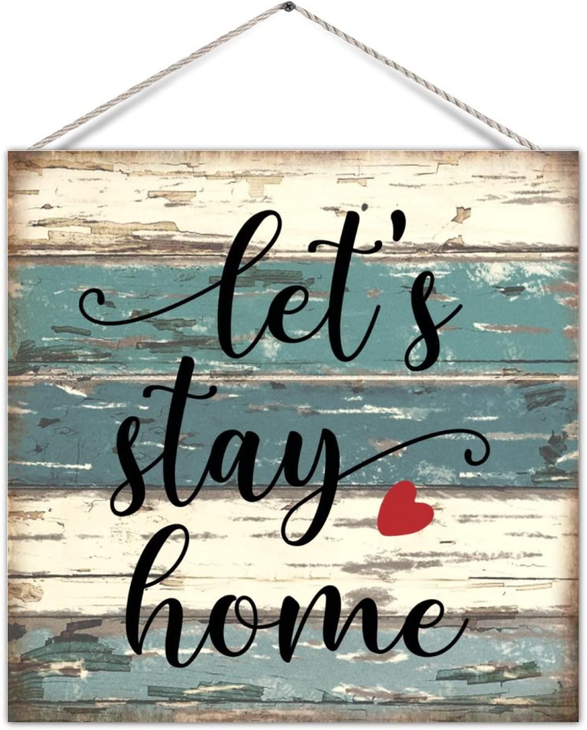 Rustic Farmhouse Wooden Pallet Sign Plaque Family Home Sign Let's Stay Home Shabby Chic Style Wood Wall Pediment Plank Board for Kitchen Cabin Wall Decor Home Decor 12x12in