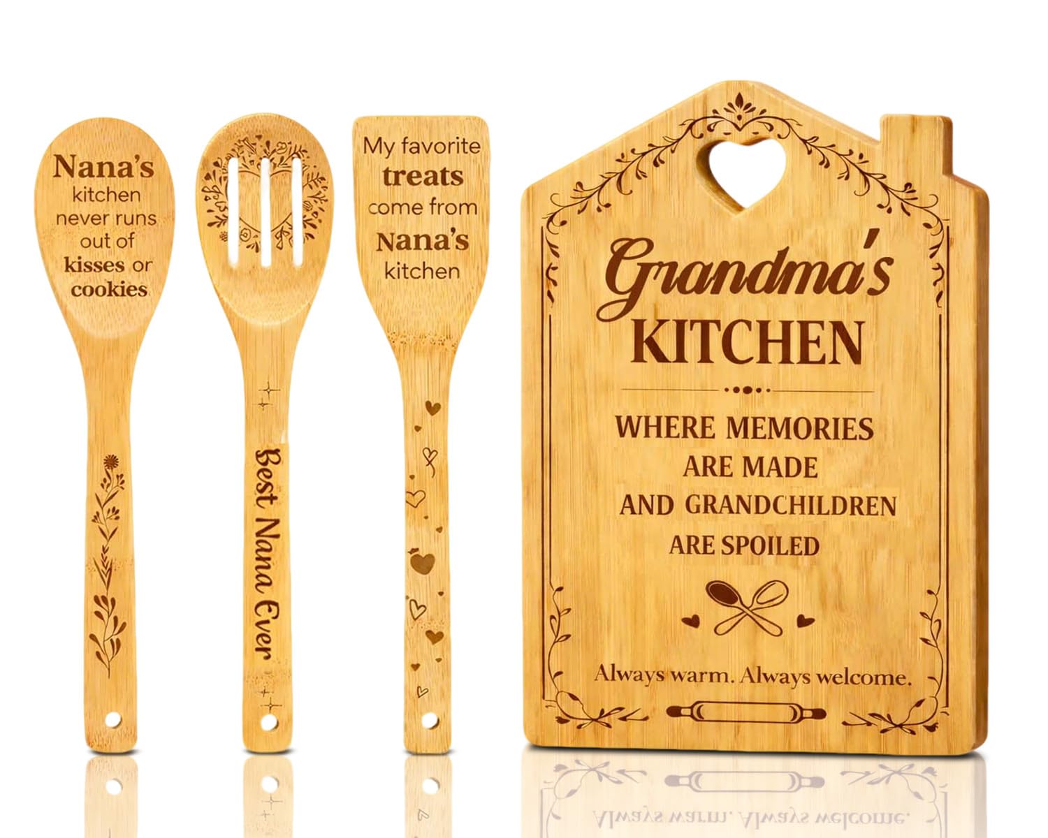 Grandma Gifts - Grandma Mothers Day Birthday Gifts, Handmade Bamboo Cutting Board & Nana Wooden Spoon Set, Unique Engraved Kitchen Presents for Granny from Grandchildren, Christmas Birthday Gift