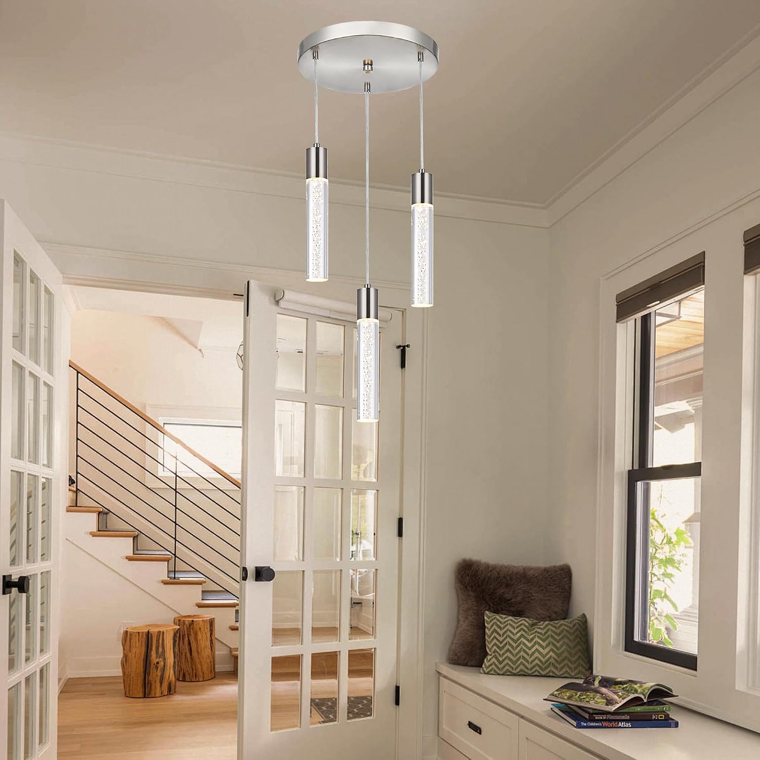 MELUCEE 5 Color LED Dimmable Pendant Light Fixtures, 3-Light Mini Bubble Chandelier Brushed Nickel Crystal Cluster Pendant Lights for Kitchen Island Dining Room Stair, 3000K-6000K, Adjustable Height