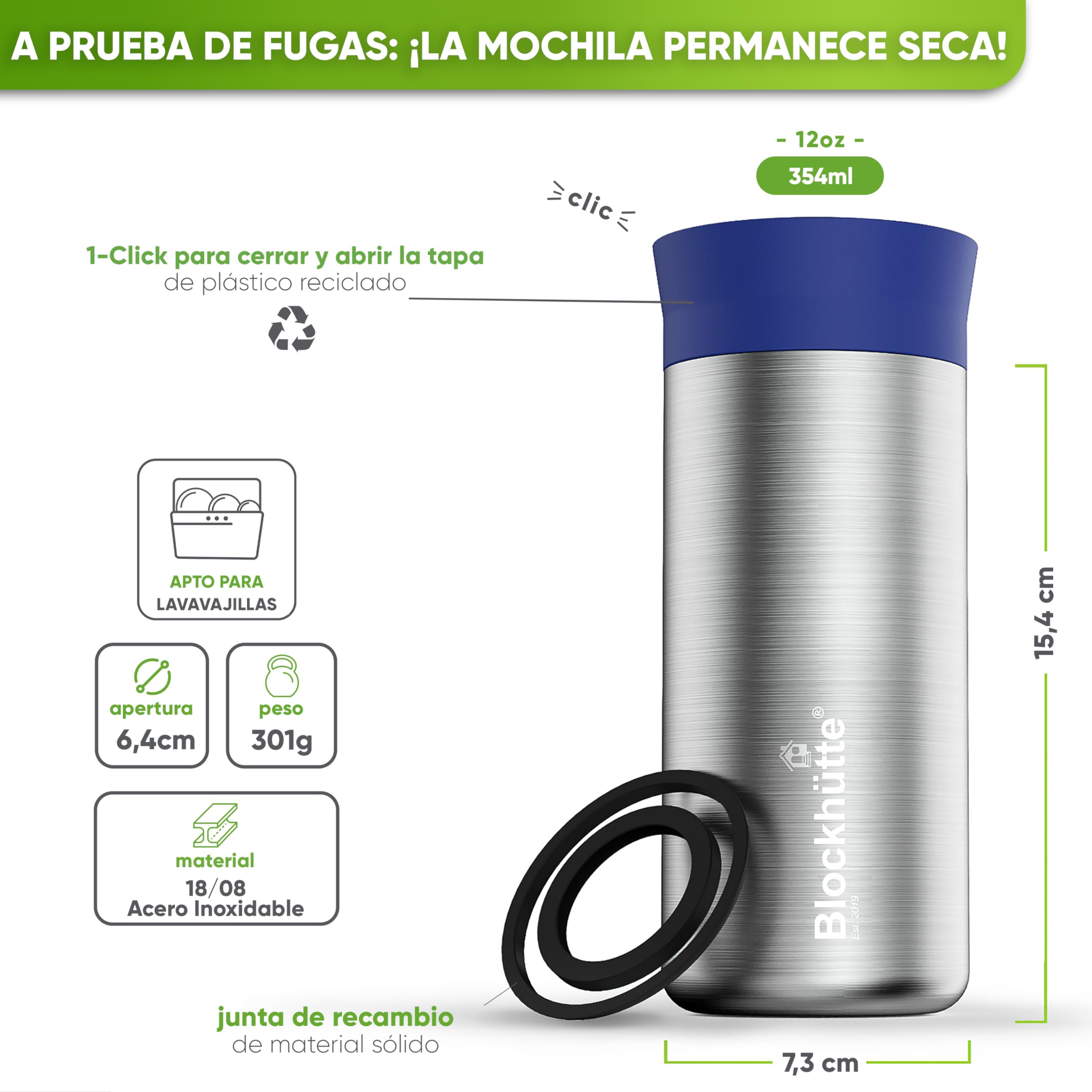 Blockhütte Taza Térmica de Acero Inoxidable de 354 ml - Para Llevar Bebidas Calientes por 8 Horas - A Prueba de Fugas - Para Café y Té