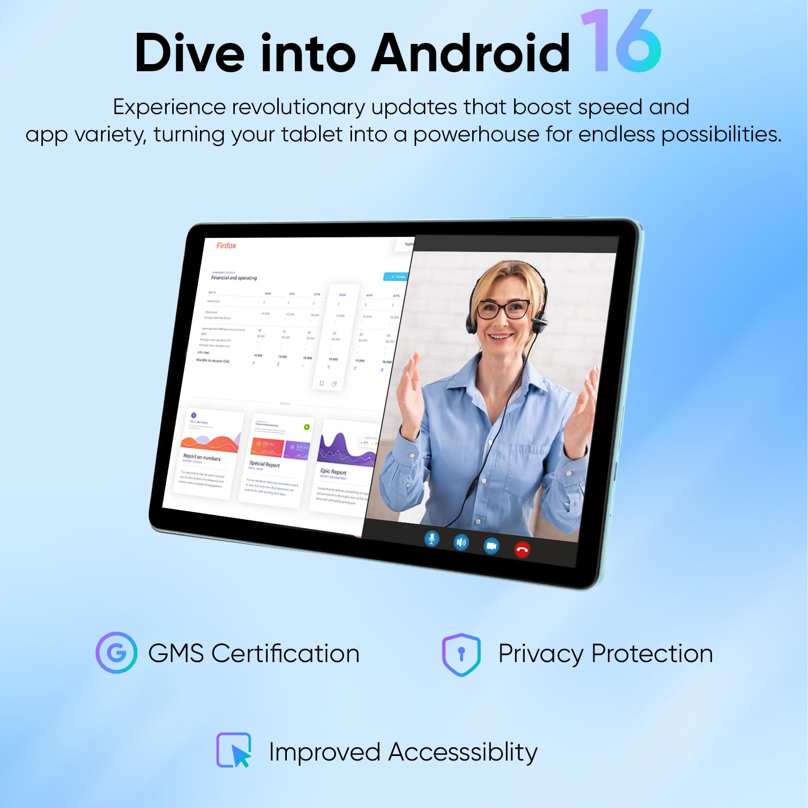 Light Blue 11 Inch Tablet with Keyboard Android 16 - Dettaglio