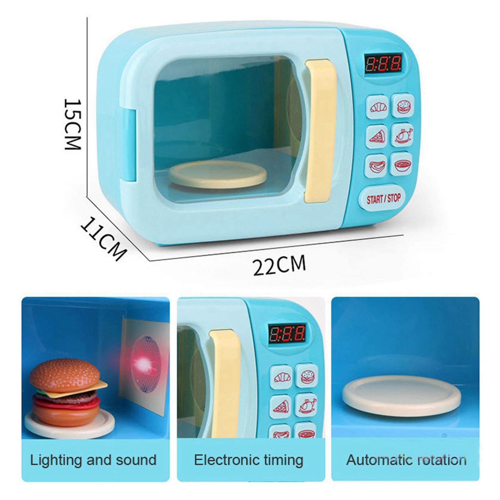 Juego de Horno Microondas de Juguete de 13 Piezas para Niños, Accesorios de Cocina, Comida de Juguete, Funciones Interactivas de Cocina, Luces Y, Azul, 31 Uds.