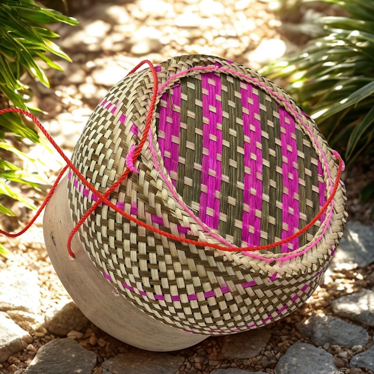 Colorful Bamboo Sticky Rice Basket with Lid & Carry String | Handwoven Thai Lao Rice Container | Cultural Kitchen Decor.