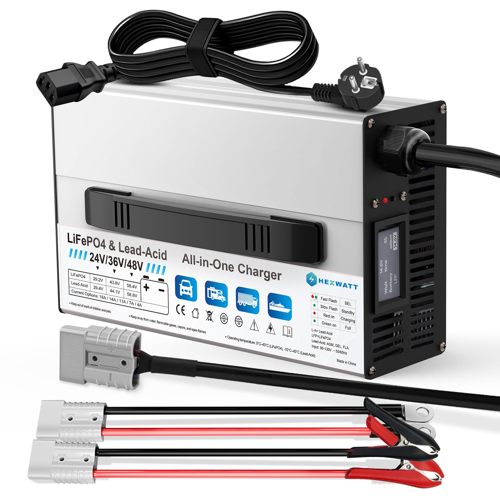 Cargador de batería LiFePO4 y AGM de 24 V/36 V/48 V, LiFePO4 29,2 V, 43,8 V, 58,4 V y ácido de plomo (AGM/Gel/FLA) 24 V/36 V/48, corriente ajustable 4 A-18 A con pantalla LCD