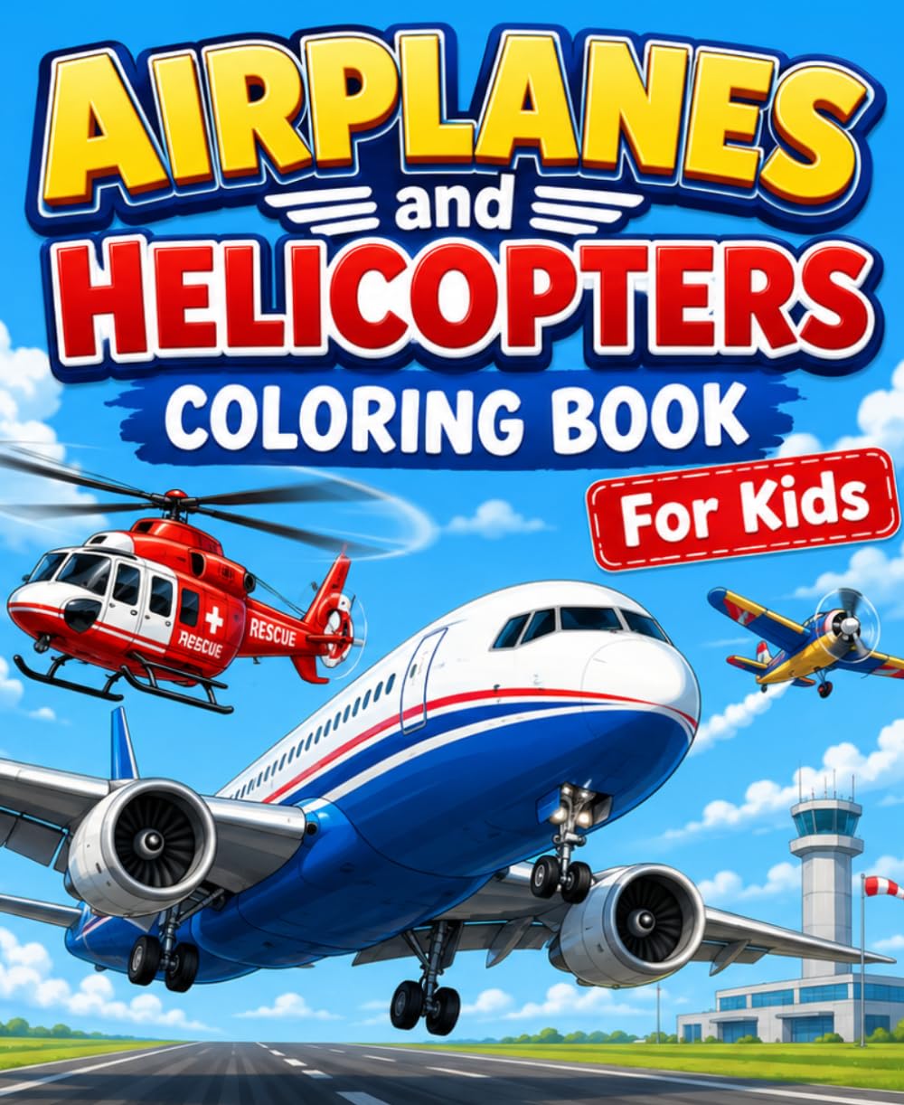 Airplanes and Helicopters Coloring Book for Kids: Fun Flying Machine Coloring Pages with Planes, Jets, Rescue Helicopters, Airports, Runways, and Sky Adventures