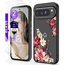 for Google 10 Pro XL Case+Tempered Glass Screen Protector, [Military Grade Protective] Slim Soft TPU & Hard PC,Girls Women Crystal Clear Flower Pattern Case Cover for Pixel 10 Pro XL-Black