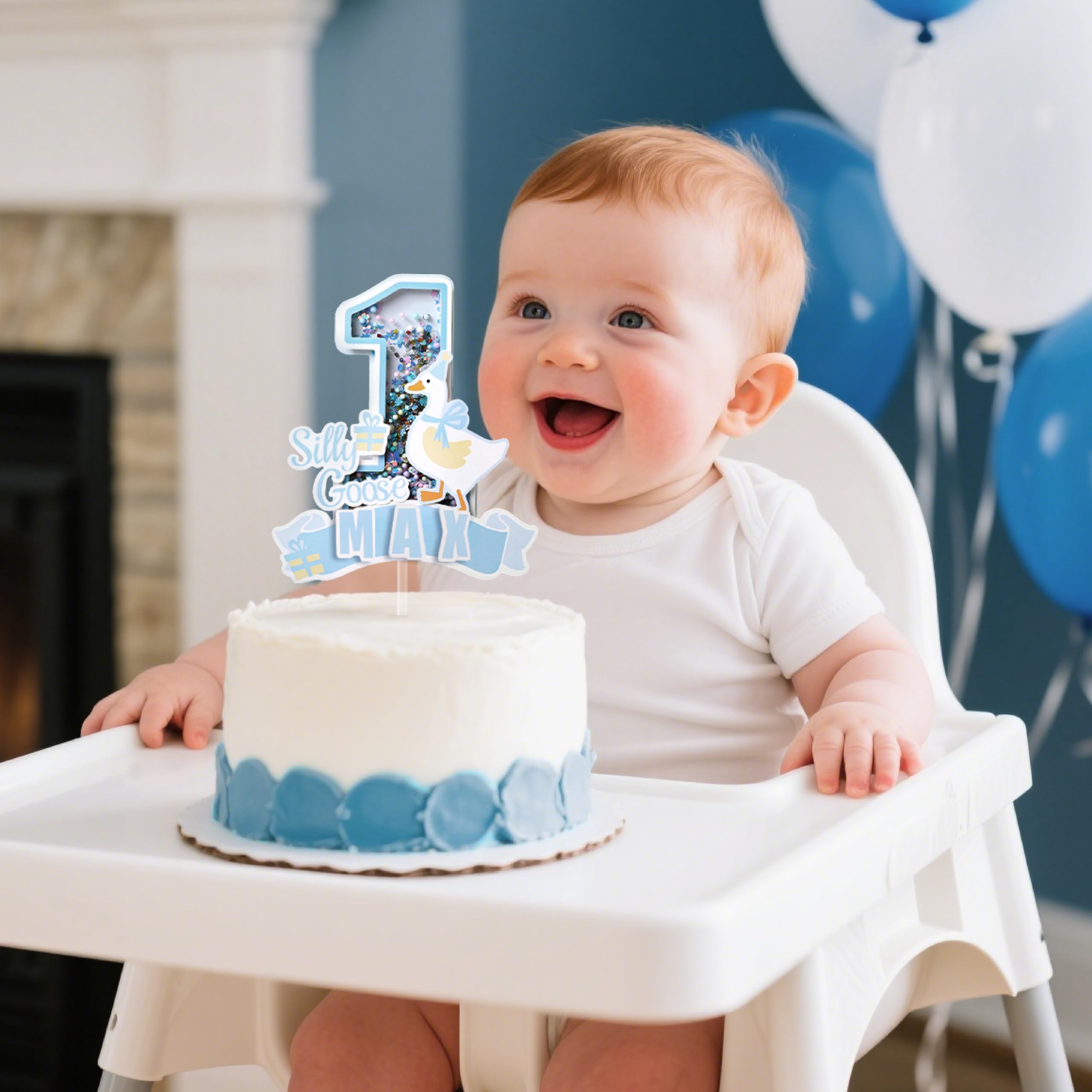 Coucoland Personalized 1st Birthday Cake Topper - Silly Goose & Number 1 3D Glitter with DIY Custom Decor for Party Supplies