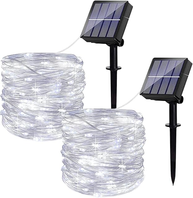 Solar Fairy Lights Outdoor, 2 Pack 48Ft Garden Lights Solar Powered Waterproof, 120 LED 8 Modes Copper Wire Decorative Solar String Lights for Trees, Garden, Patio, Yard, Party (Cold White)