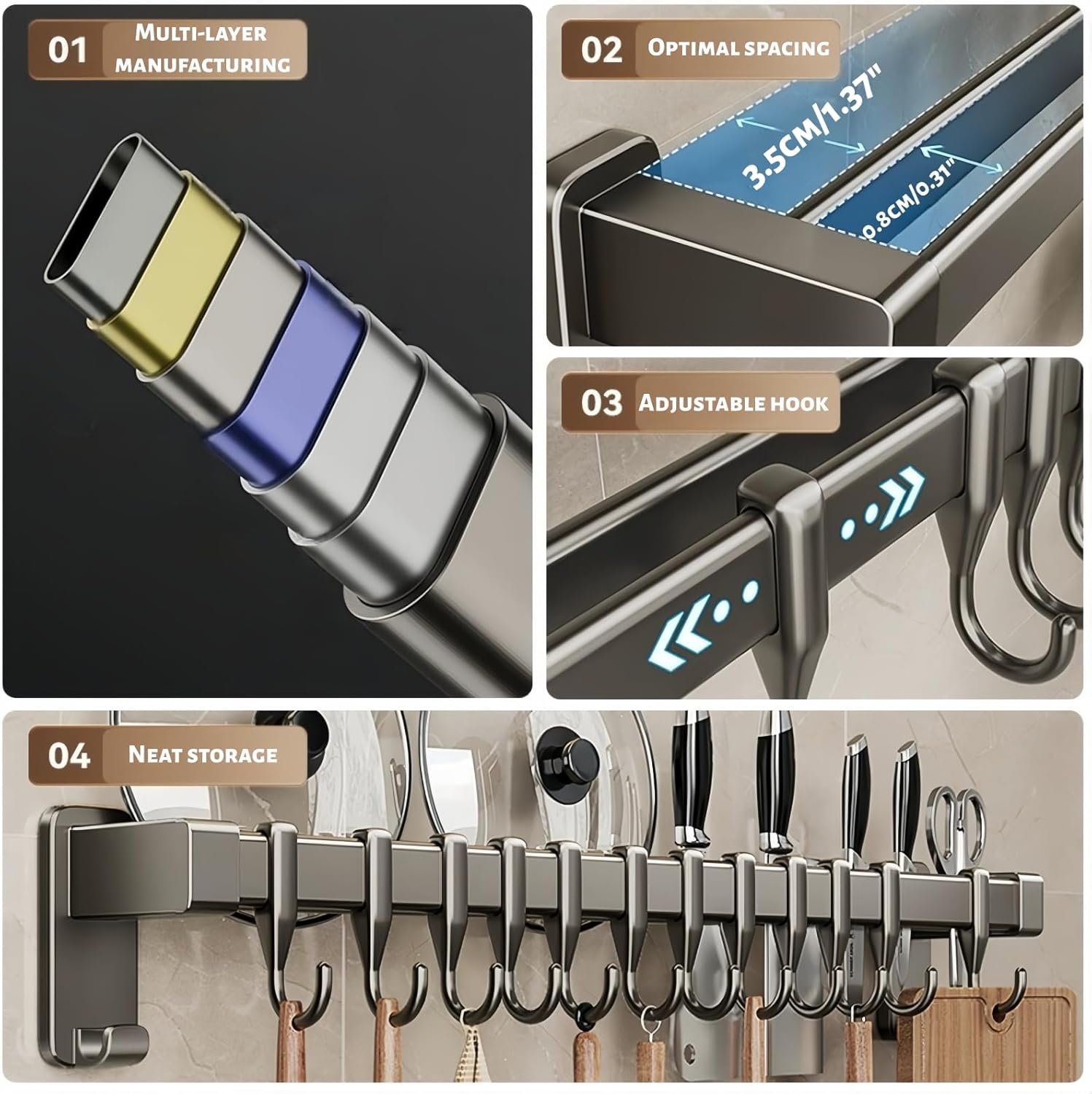 Wall Mounted No-Drill Adhesive Kitchen Rail, Heavy Duty Detachable Multifunctional Pot Pan Utensil Knife Lid Hanger with 8 Hooks for Space-Saving Kitchen Organization Knife and Lid Rack