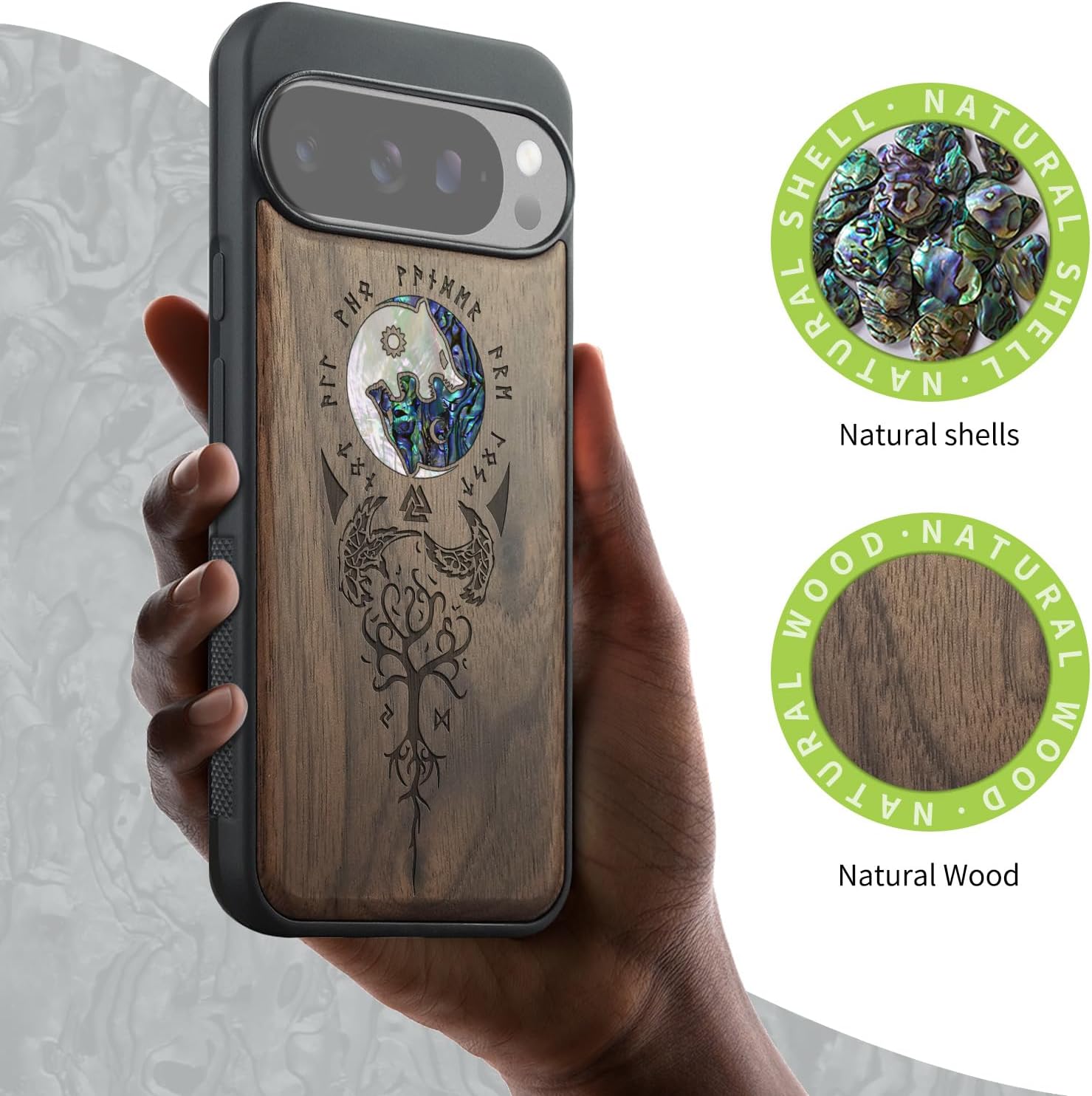 Carveit Magnetic Wooden Case for Google Pixel 10 Pro XL Case, Wood Artisan Engraved & Handmade Shell Inlaid, Compatible with MagSafe Wireless Chargers, Yin Yang Wolf - Walnut