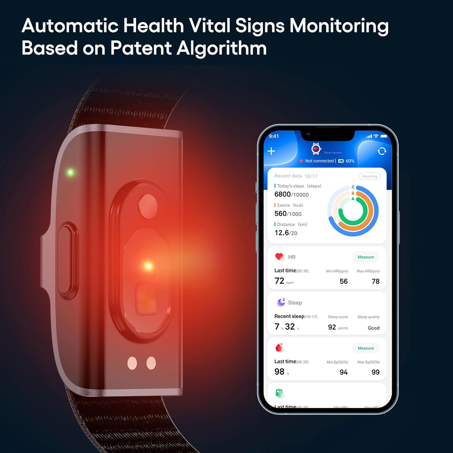 Close-up of the smart bracelet with red sensor lights active, next to a smartphone screen displaying the JCWear app with heart rate, sleep, and SpO2 data.