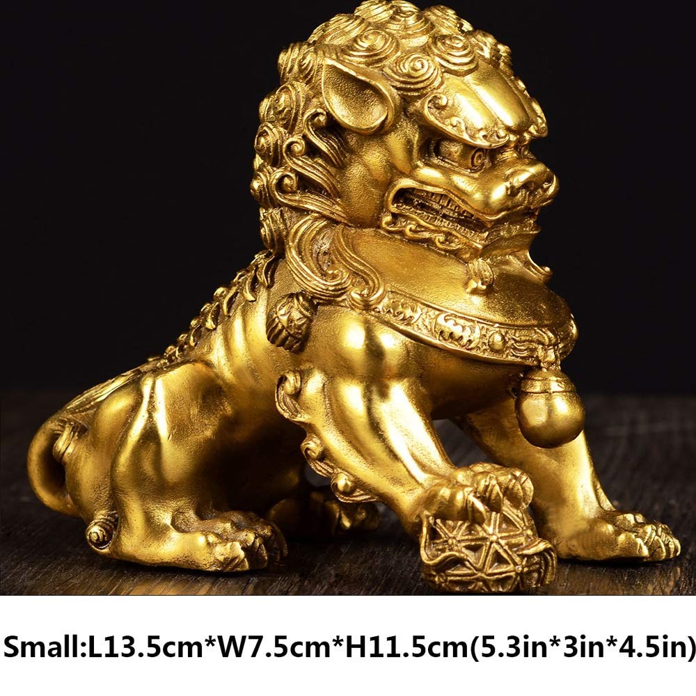 Beijing Lions Pair Fu Foo Dogs Statues (A Pair), Pure Laiton Chinois Feng Shui Decor Prosperity Accessories Figurine, Home and Office Wealth Good Luck Sculpture, Small
