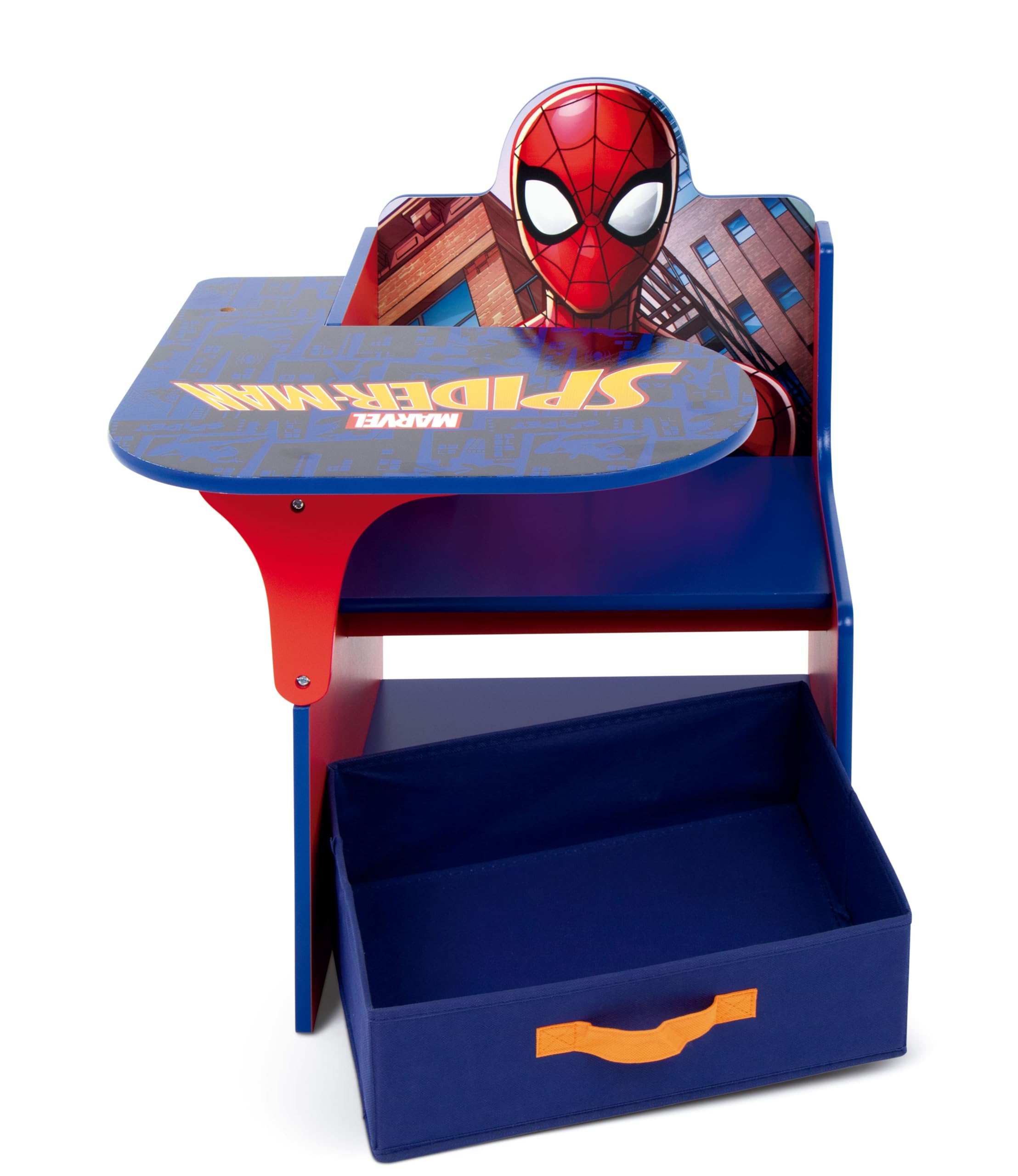 ARDITEX - Silla-Pupitre Infantil de Madera con contenedor Textil de Spiderman de Marvel - 62x30x60cm - Color Azul - Ideal para Manualidades, estudiar o Jugar.