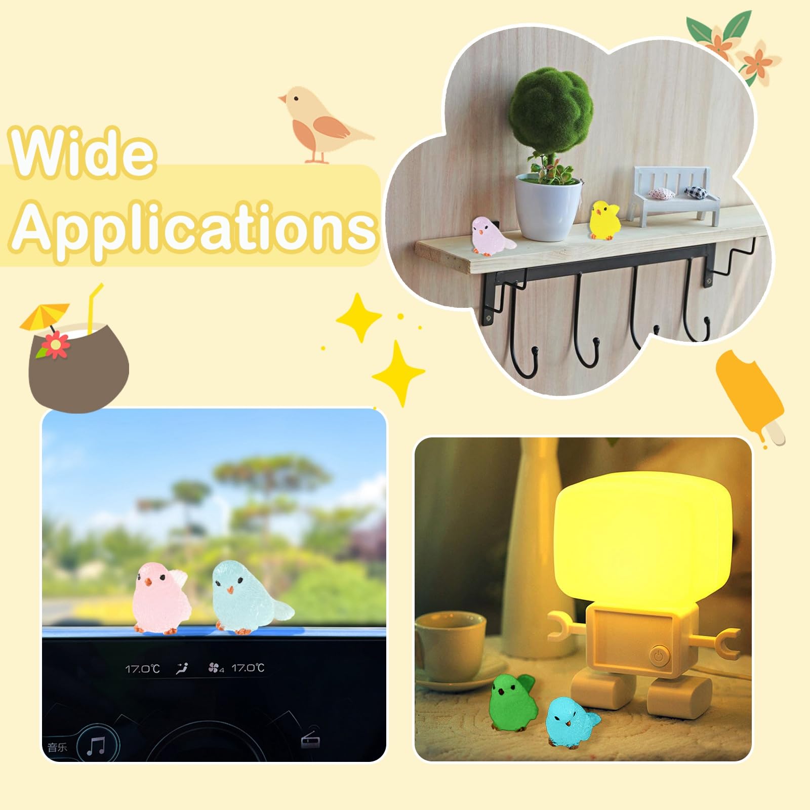 Stiesy Lot de 20 figurines d'oiseaux phosphorescentes, 10 styles de mini oiseaux lumineux pour micro paysage, décoration de jardin féérique, loisirs créatifs et décorations de bureau