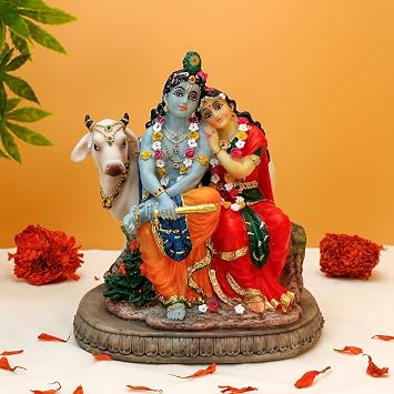 BangBangDa Hindu Murti Radha Krishna Statue 6.6H Polystone Indian God Radha Krishna Idol with Cow for Birthday Diwali Housewarming Valentine Gifts for Indian Couple Man Woman Altar Pooja Item