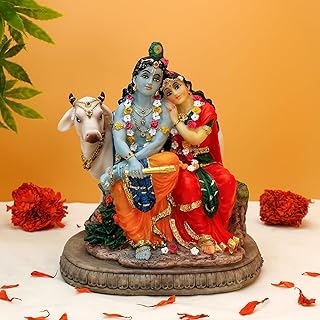 Hindu Murti Radha Krishna Statue – 6.6”H Polystone Indian God Radha Krishna Idol with Cow for Birthday Diwali Housewarming Valentine Gifts for Indian Couple Man Woman Altar Pooja Item