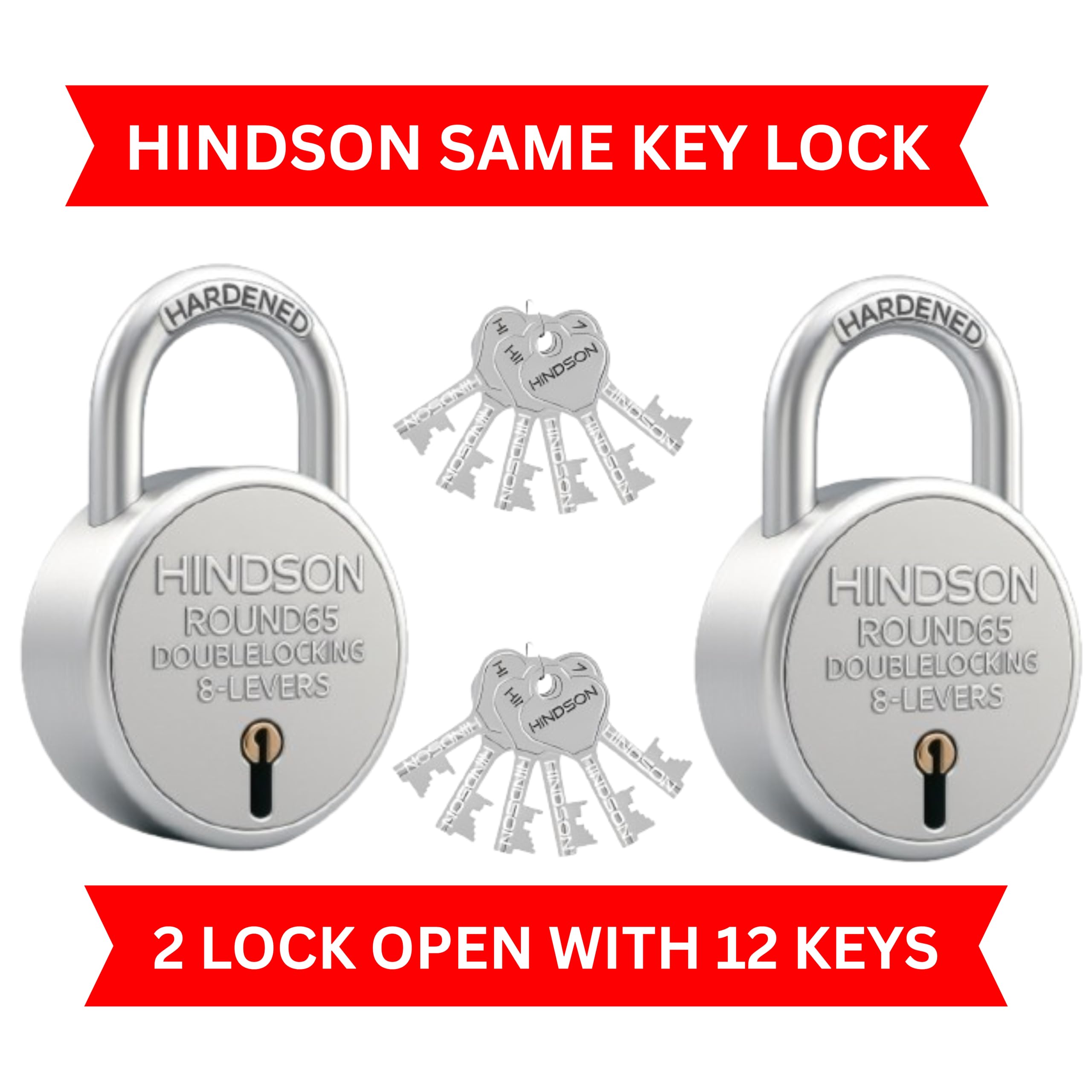 Hindson Same Key Round 65mm Padlock | 2 Heavy Duty Padlocks with 12 Common Keys | Strong Metal Body Locks with Double Locking & 8-Lever Mechanism for Home, Gate, Shutter & Shop Security — Amazon image 2
