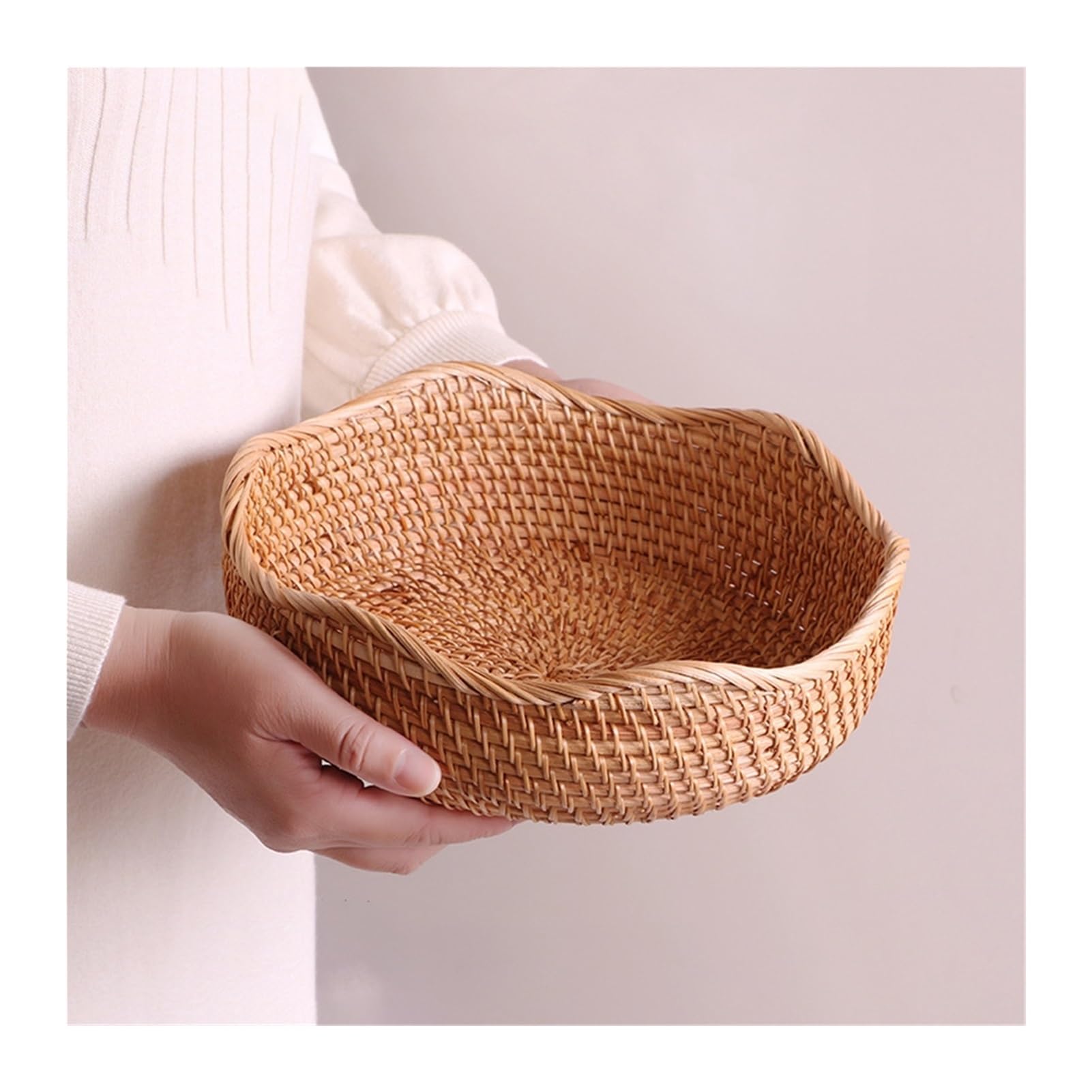 9.44" Handmade Rattan Bread Basket Natural Round Wicker Fruit Serving Storage Bowls Wave Woven Food Decorative Kitchen Counter Organizing