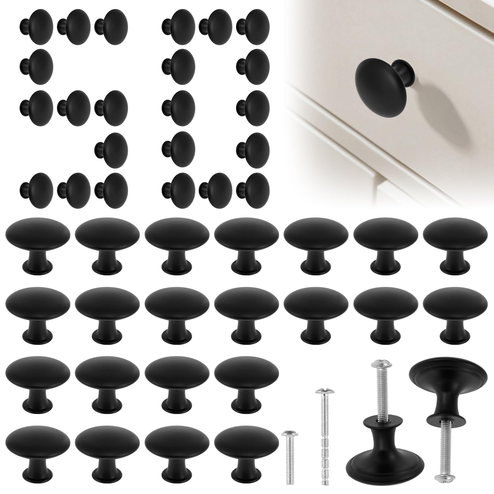 MLYNZXJSY 50 Pack Black Round Cabinet Knobs 1-1/6 Inch (30mm) Drawer Knob Bulk Set/Hollow Inside/Lightweight Cabinet Rustproof Dresser Knobs with