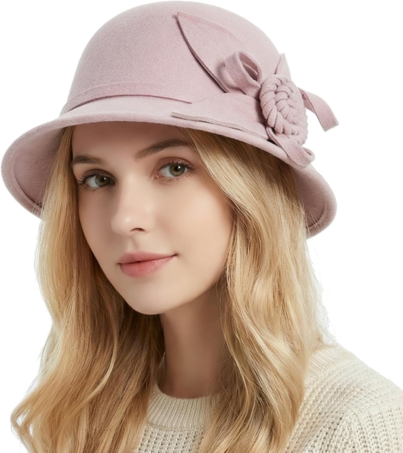 Woolen Cloche Hat for Women, 1920s Vintage Flower Bucket Hat Winter Warm Church Bowler Cap, 56-58cm