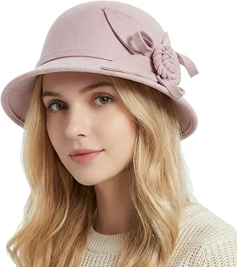 Woolen Cloche Hat for Women, Flower Winter Warm Bucket Cap | Short Brim 1920s Vintage Adjustable Solid Color Dome Bowler Hat Church Wedding Tea Party 56-58cm