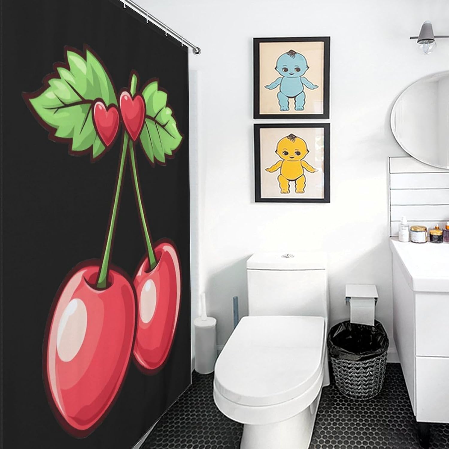 Cherry with Heart Funny Shower Curtains Washable Bath Curtain Liner with Hooks for Bathroom Bath Tubs