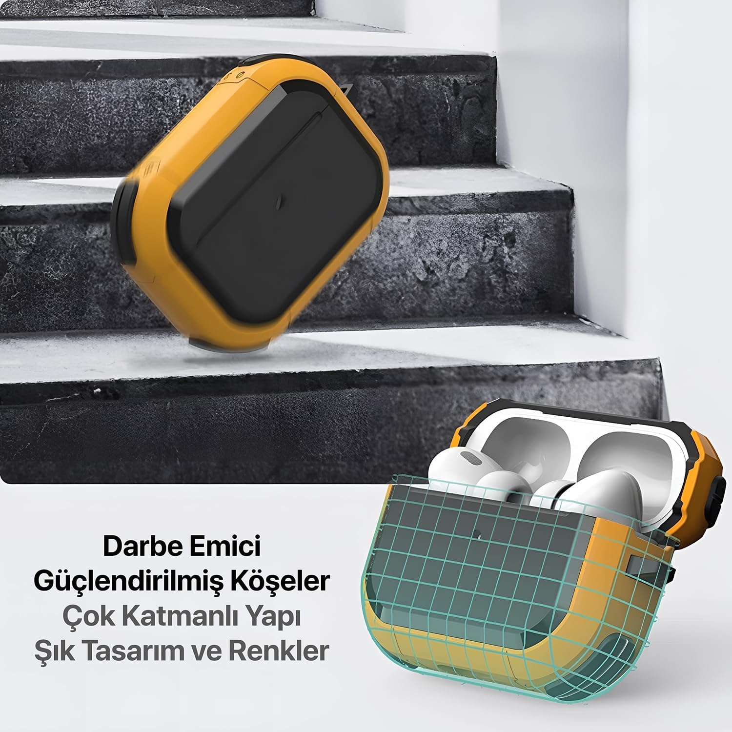 Minesk Airpods 3 ile Uyumlu Armor Serisi Darbelere Karşı Ultra Güçlü Koruma Fiber Karbon Arka Tasarım Kılıf (Sarı)