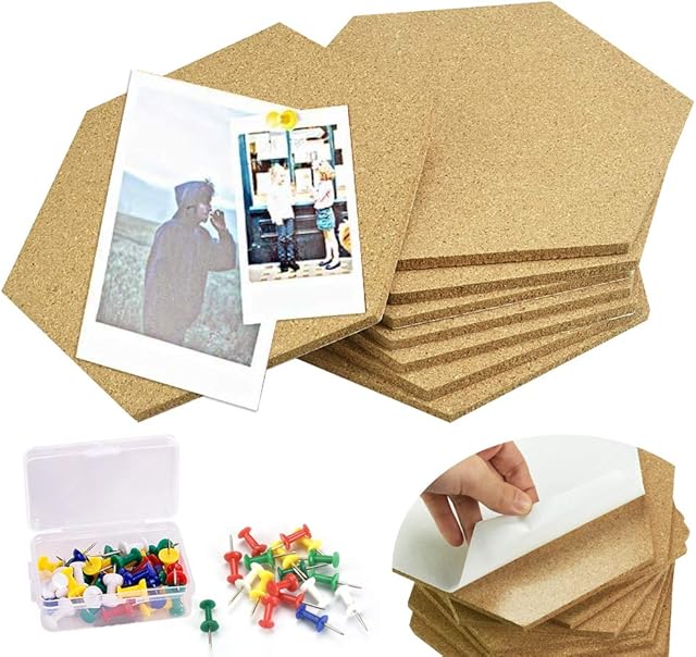 KBNIAN 8 Pack Cork Board, DIY Self Adhesive Hexagon Cork Board Multifunctional Cork Board Notice Board Hexagon Cork Tiles with 50pcs Pins for Photo Hanging, Home Decoration, Office Bulletin Boards
