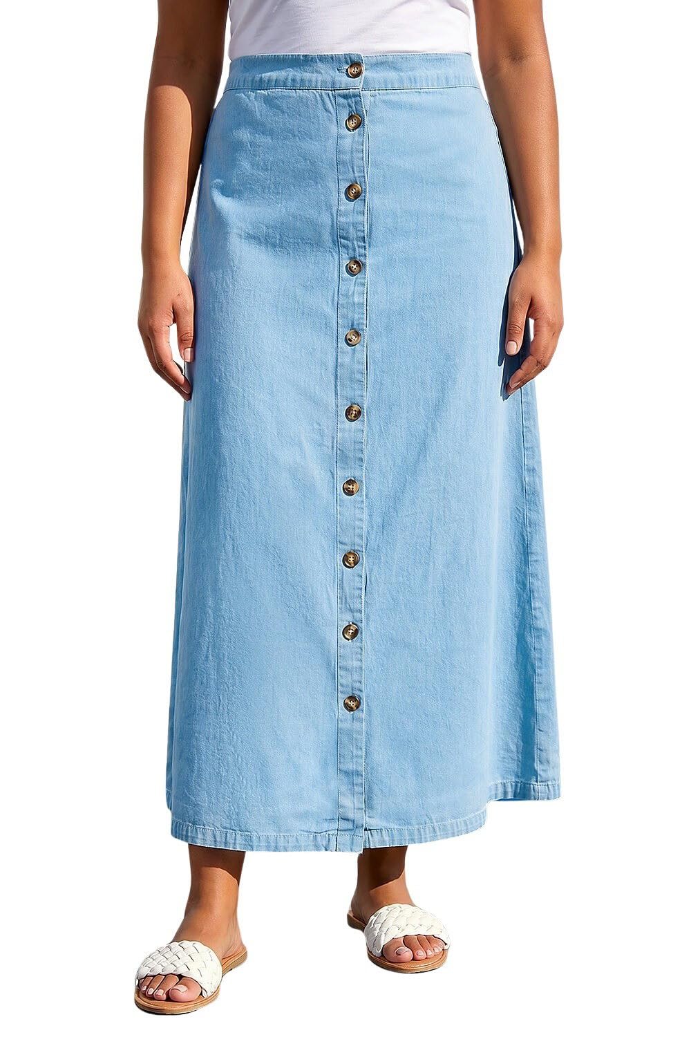Roman Women's Light Blue Curve Button Through Denim Skirt In Size 22-24