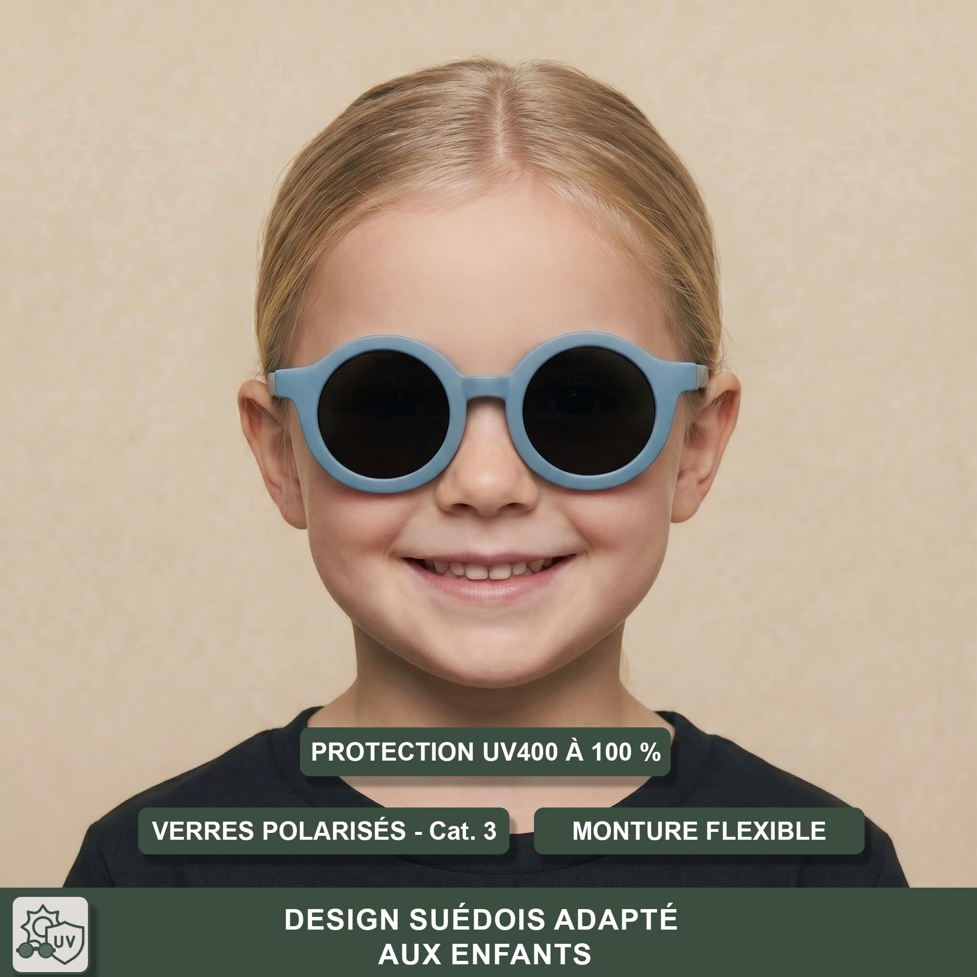BABYMOCS Lunettes de soleil rondes pour enfants de 1,5 à 8 ans - Protection UV 100 % - Flexibles - Sans BPA - Sans substances nocives - Avec bande - Design suédois