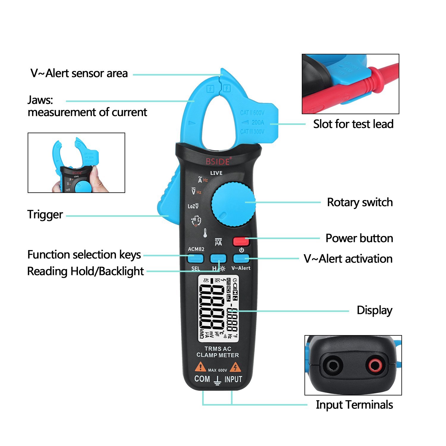 Cyfrowy miernik zaciskowy ACM82 Auto Range True RMS Aktualny test HZ Temp Temp Ohm UF V-Alert Live Check with Clip Pocket, Dokładne odczyty