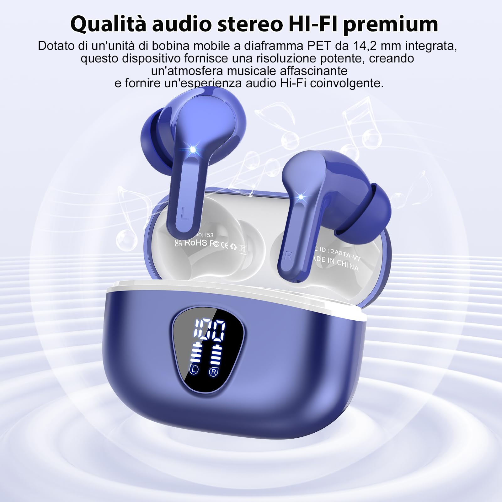 Cuffie Bluetooth, Auricolari Bluetooth 5.3 Stereo HiFi con 4 HD Mic, Cuffie Wireless In Ear ENC Cancellazione Rumore, 40 Ore LED Display Touch Control, Cuffiette Bluetooth IP7 Impermeabili, Blu scuro