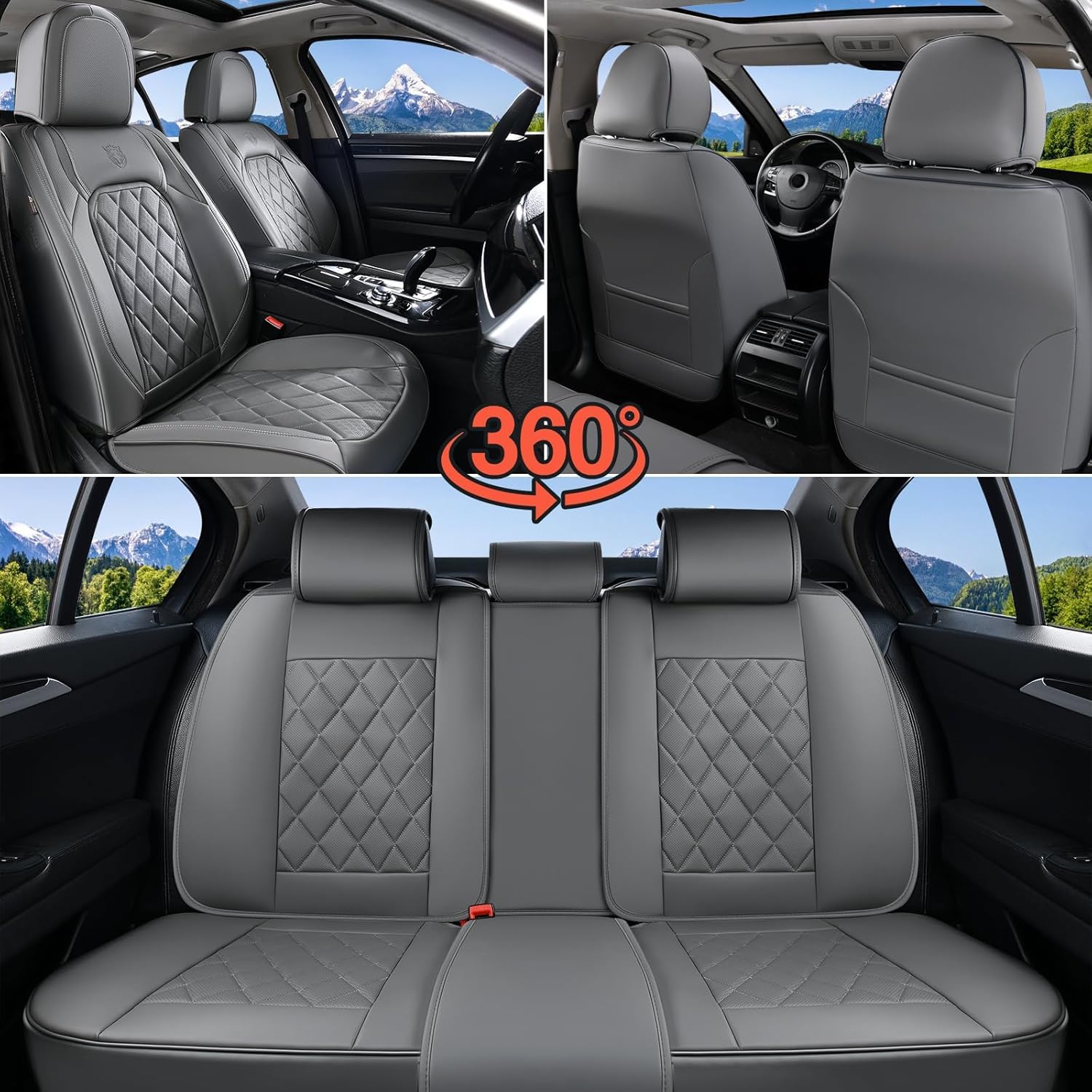 coverado leather seat covers, car seat covers full set, waterproof faux leather seat cover, car seat protectors 5 seats, automotive seat covers universal fit for most cars suv trucks, gray a-gray fullset