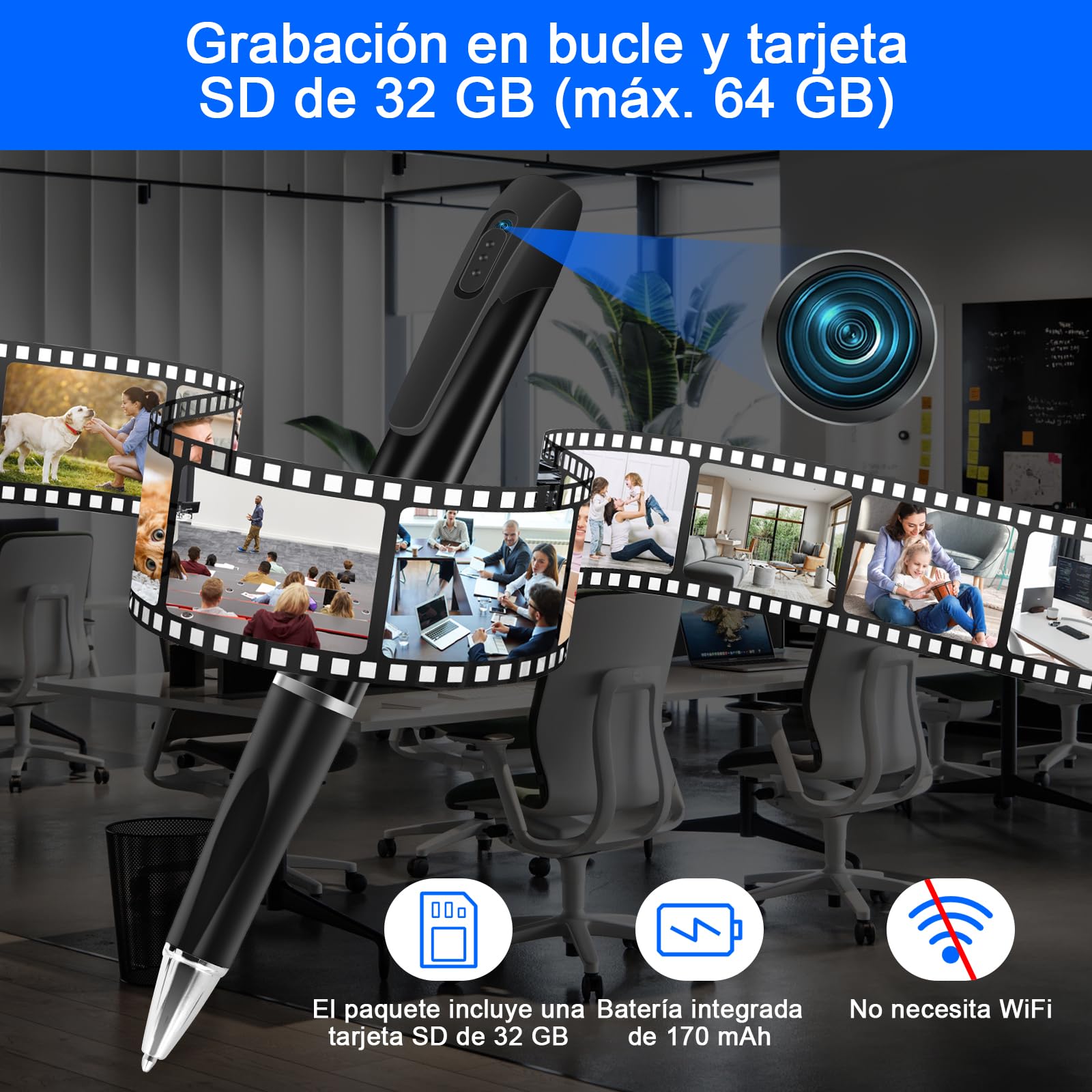 CYI Mini Camara Espia Oculta, Bolígrafo Espia con Cámara y Grabadora HD1080P, Microcamara Espia sin Cable Camufladas Incluye microSD de 32 GB para Interiores/Exteriores, oficinas, hogares, etc.