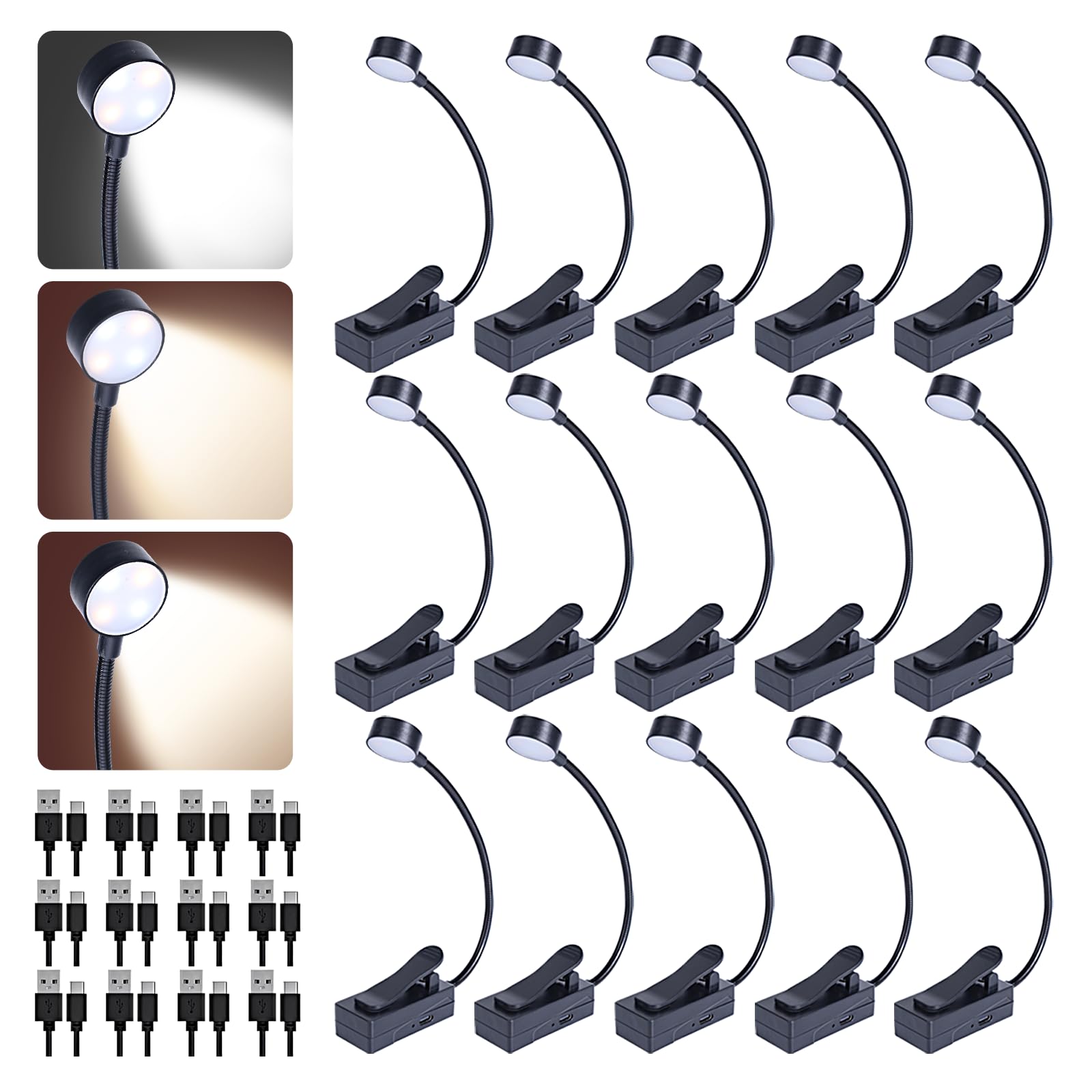 KunHe Paquete de 15 luces de lectura recargables a granel para libros en la cama de larga duración, 3 modos y 3 niveles de brillo, mini linternas compactas de carga USB para niños, amantes de los